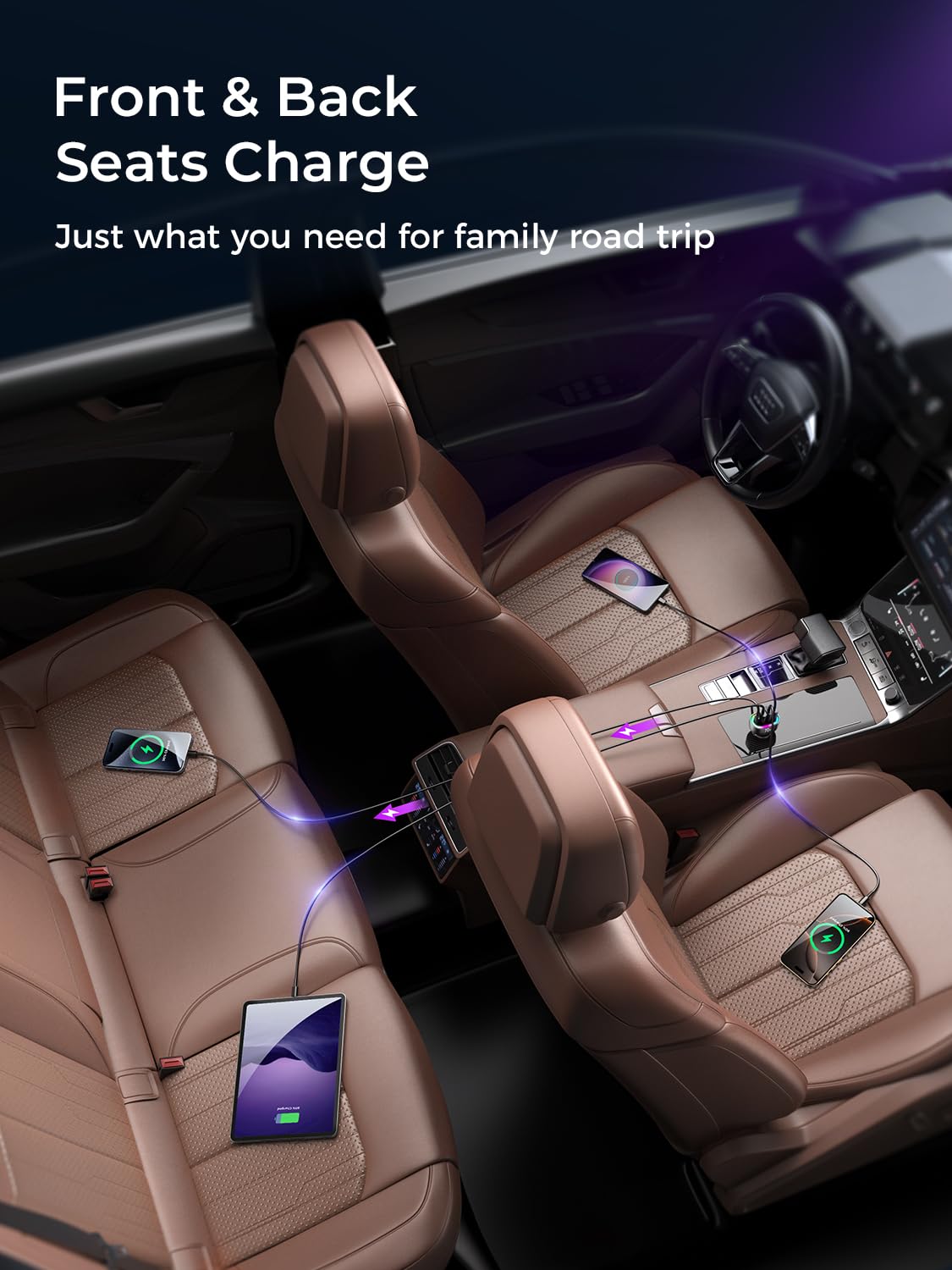 70W 4-Port USB C Car Charger Fast Charging Adapter - Compatible with iPhone 16, Android & More - Perfect for Family Road Trips & Long Commutes