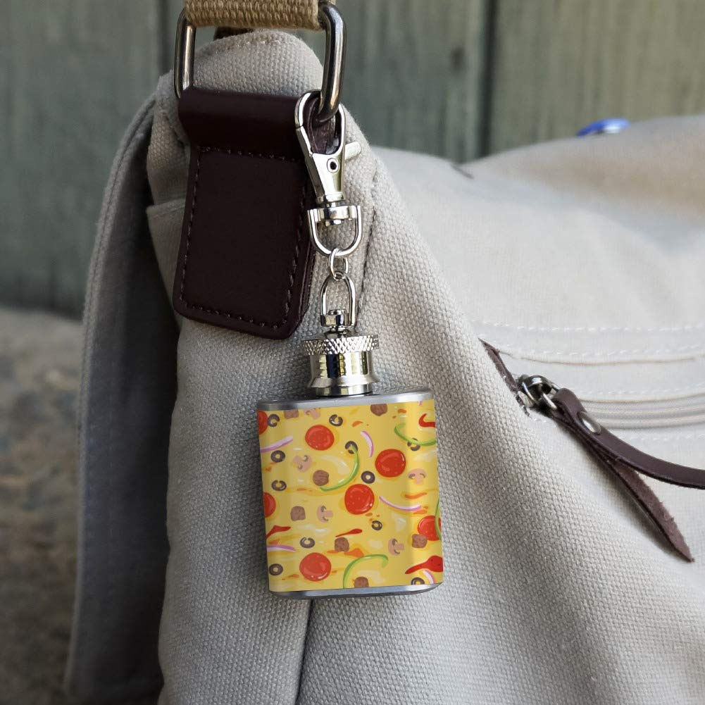 Stainless Steel 1oz Mini Flask Keychain with Pizza Design - Pepperoni, Olives & Onions Pattern | Perfect for Gifts, Parties & Outdoor Adventures