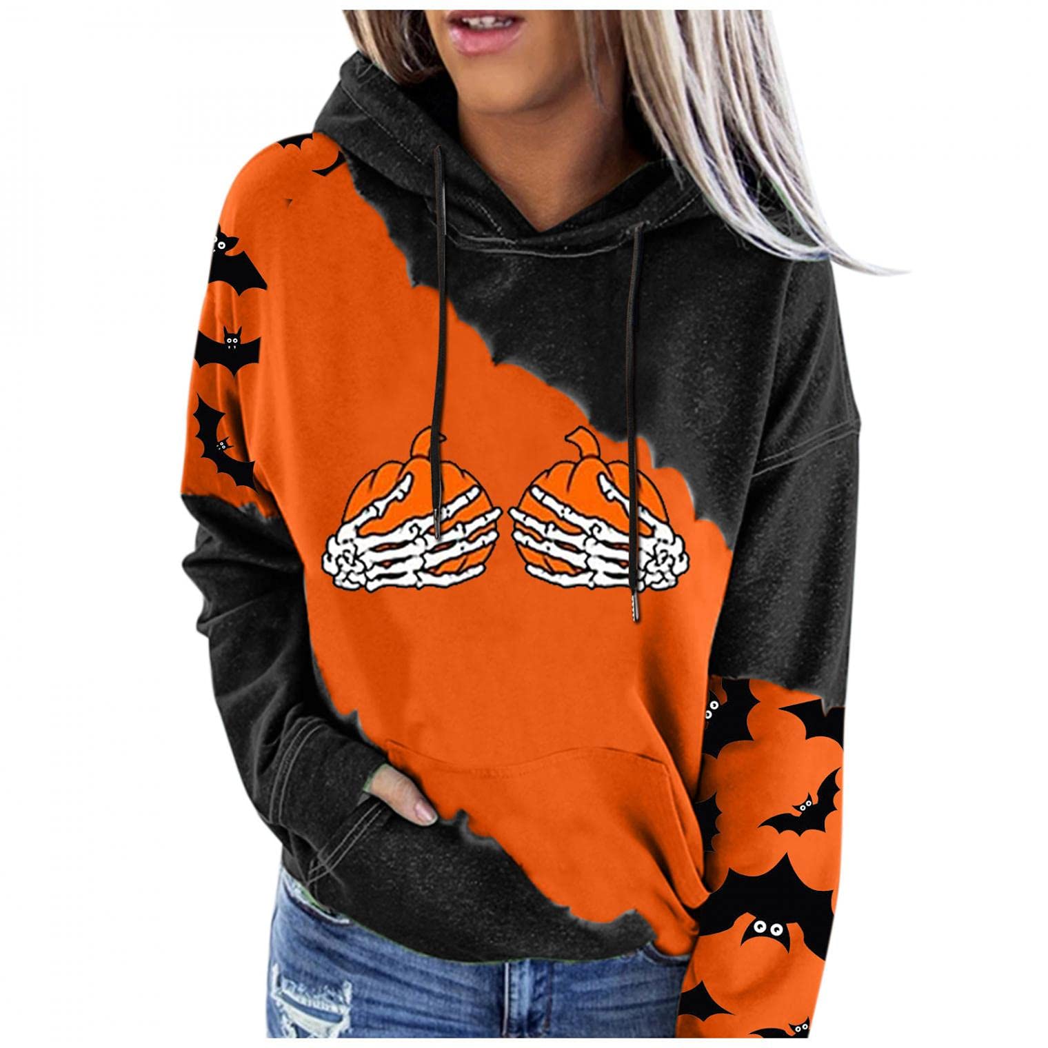 Halloween Graphic Women's Hoodies - Long Sleeve Pullover Hooded Sweatshirt with Pumpkin Design | Cute & Funny Casual Fall Tops for Costume Parties, Trick or Treating & Cozy Autumn Outfits