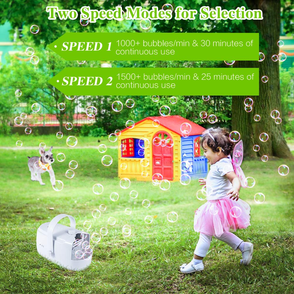 Automatic Bubble Blower Machine - Portable Bubble Maker for Kids & Parties, Indoor/Outdoor Use with 2 Speed Modes, Plug-in or Battery Powered (White) - Perfect for Birthday Parties, Backyard Fun & Family Gatherings