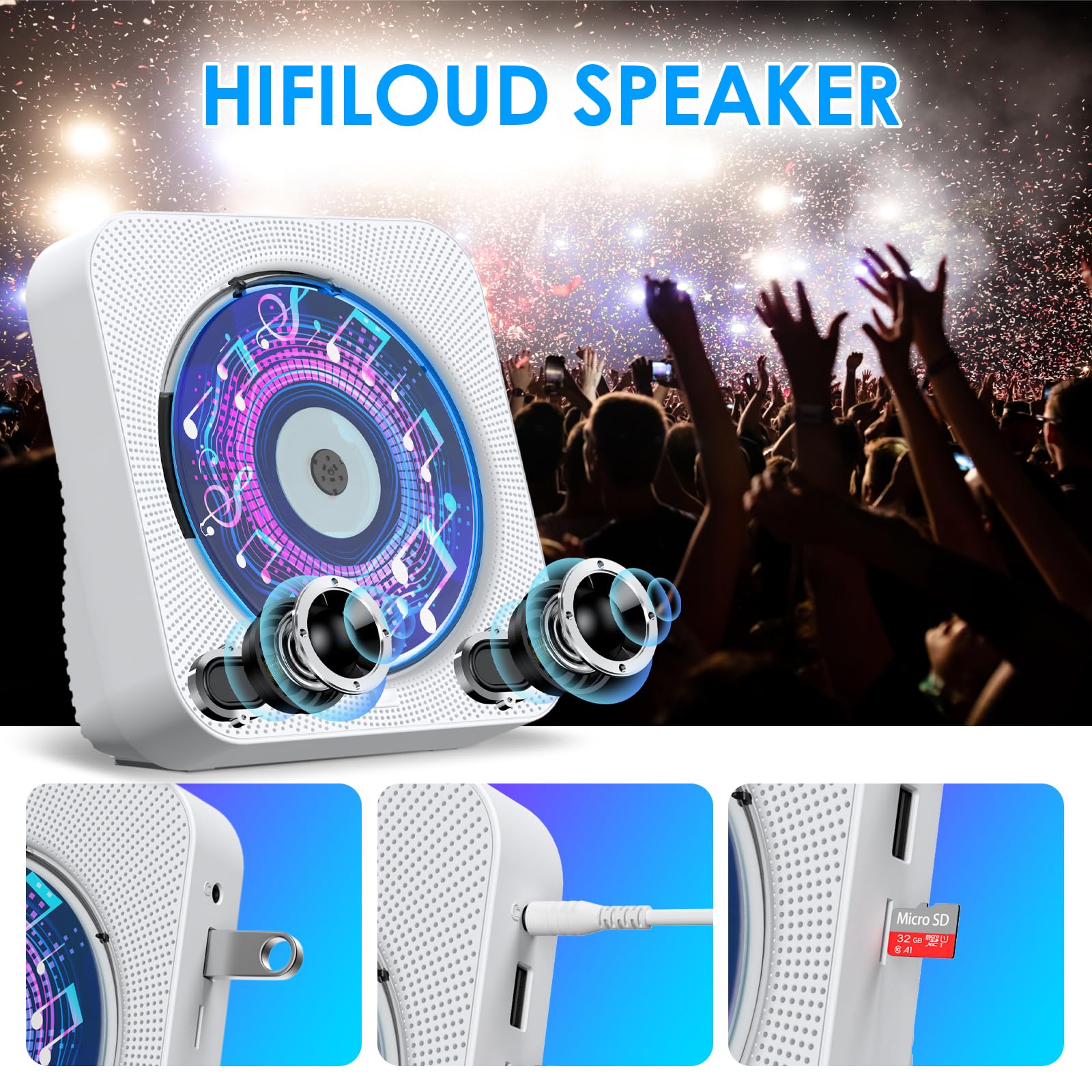 Portable Bluetooth CD Player with Built-in Speakers, FM Radio, Remote Control, LED Display & Timer - Supports AUX/USB/TF Card Playback - Perfect for Home, Office, or Car Audio Entertainment