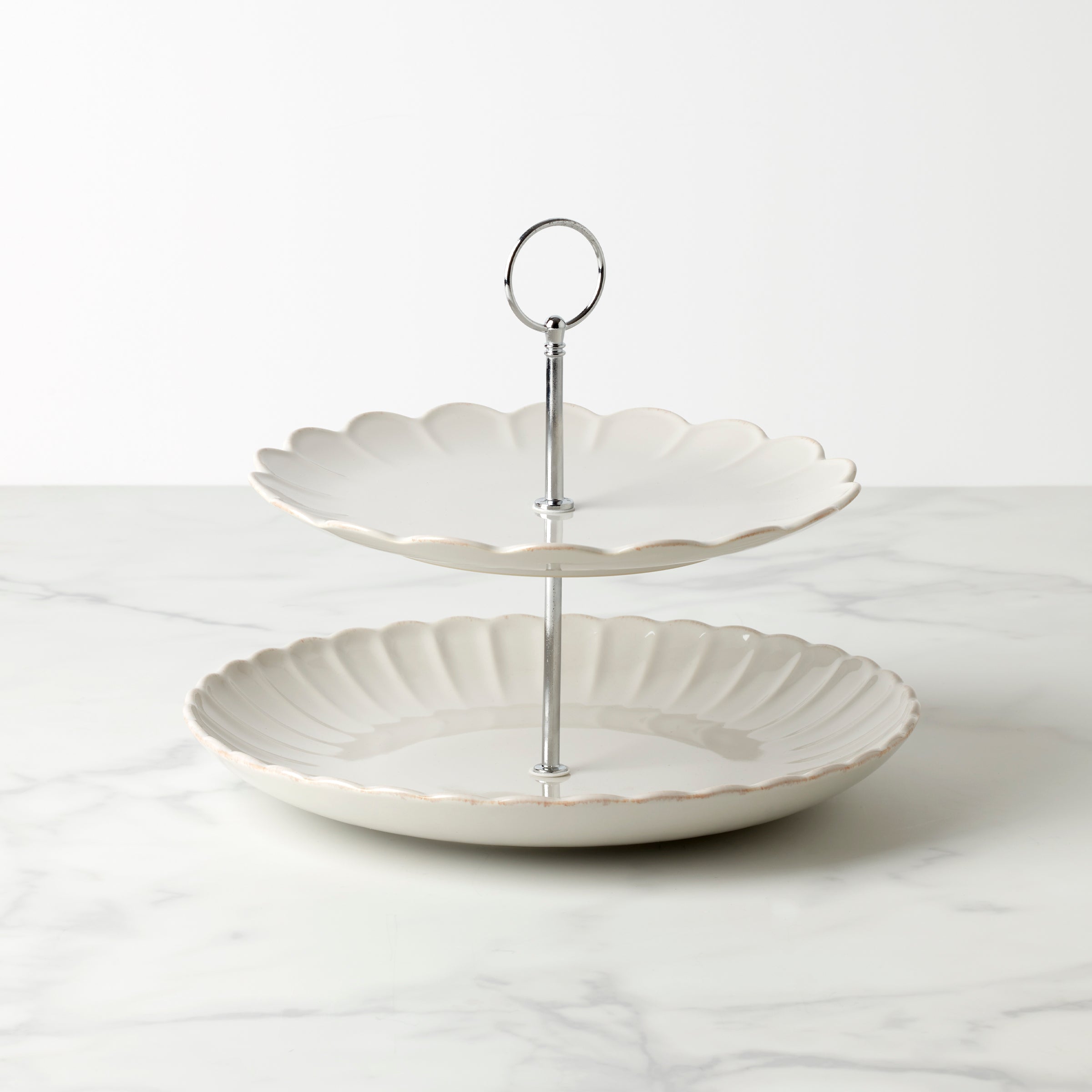 French Pearl Scallop White 2-Tier Serving Stand - Elegant Dessert Display for Afternoon Tea, Wedding Receptions & Party Buffets