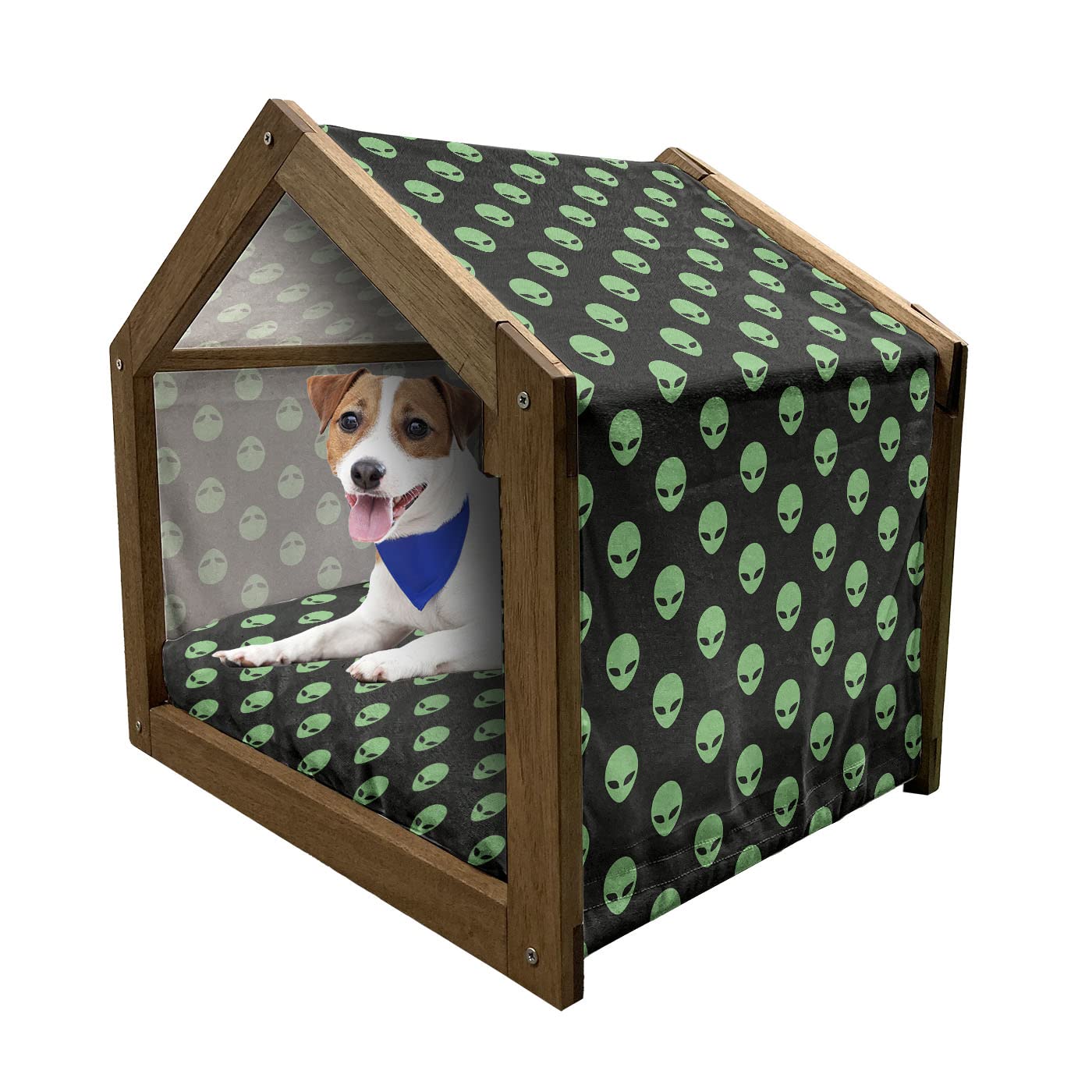 Ambesonne Alien-Themed Wooden Pet House for Dogs - Indoor & Outdoor Portable Dog Kennel with Pillow & Cover, Medium Size in Fern Green & Black - Perfect for Sci-Fi Lovers & Unique Home Decor