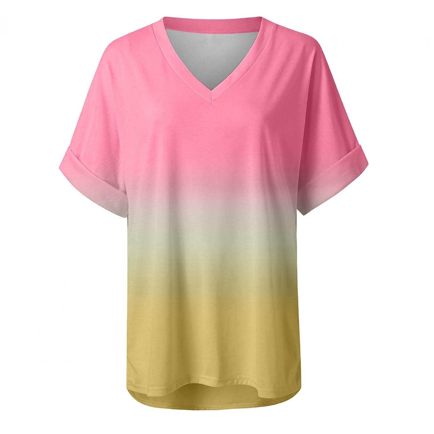 Women's Casual Short Sleeve V-Neck Gradient Print Blouse - Summer Loose Pullover T-Shirt Top for Everyday Wear, Beach Outings & Weekend Outfits