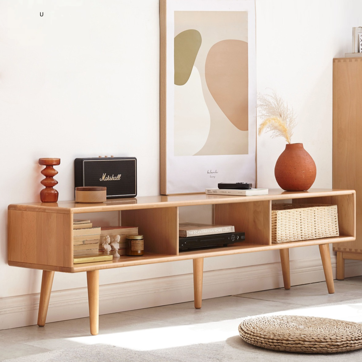 Solid Beech Wood TV Stand with Open Storage - Modern Entertainment Center for Living Room, Bedroom & Home Theater