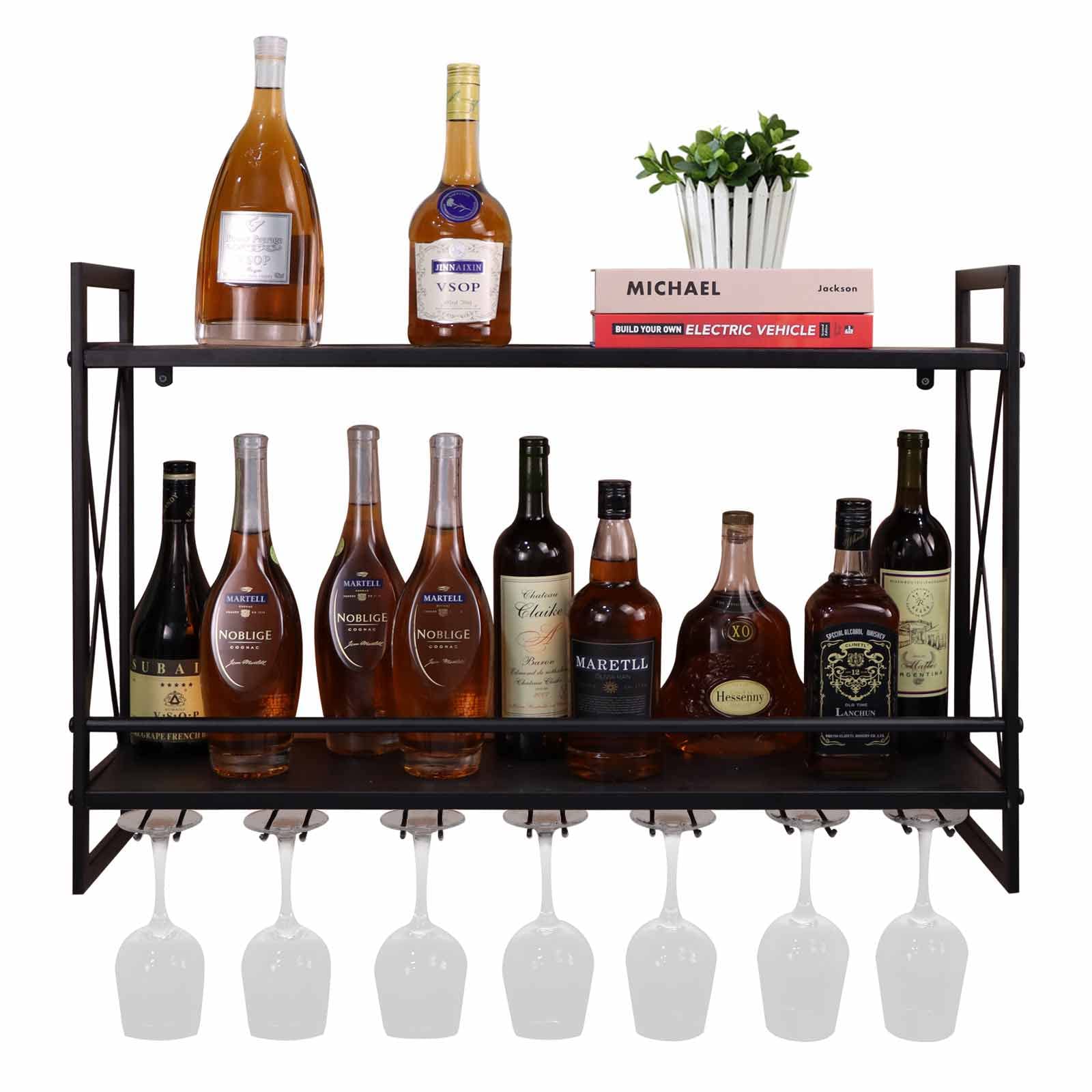 Industrial Wall Mounted Wine Rack with Glass Holder - 31.5 Inch Rustic Metal 2-Tier Shelving for Wine Bottles & Glasses | Perfect for Kitchen, Bar, Restaurant & Home Decor