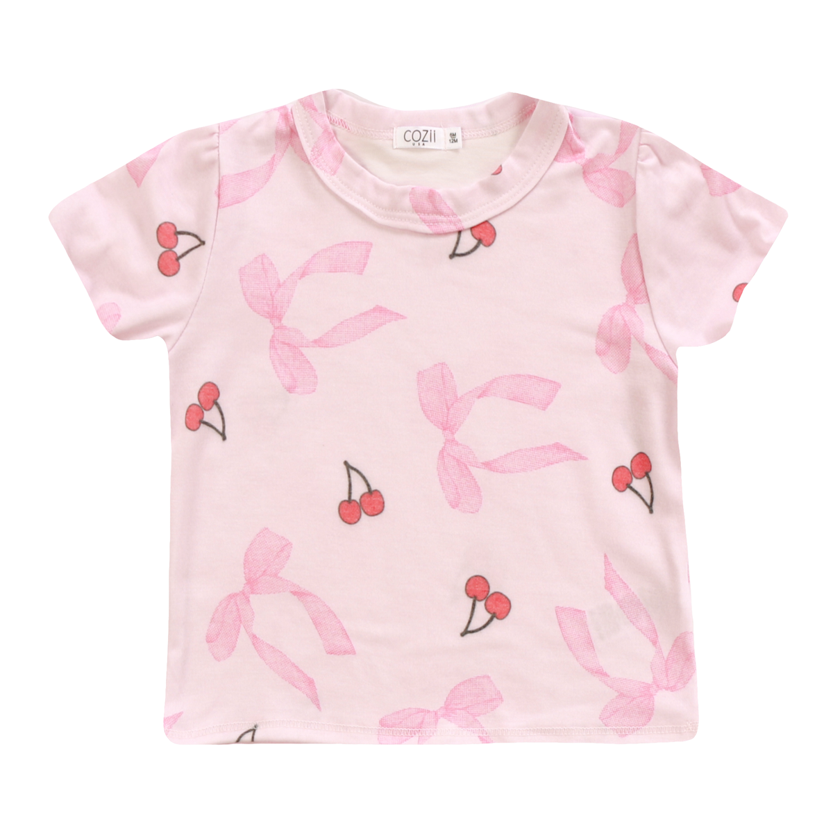 Cozii Short Sleeve Crew Neck T-Shirt with Bows & Cherries Print - Casual Summer Top for Women | Perfect for Everyday Wear, Outings & Beach Days