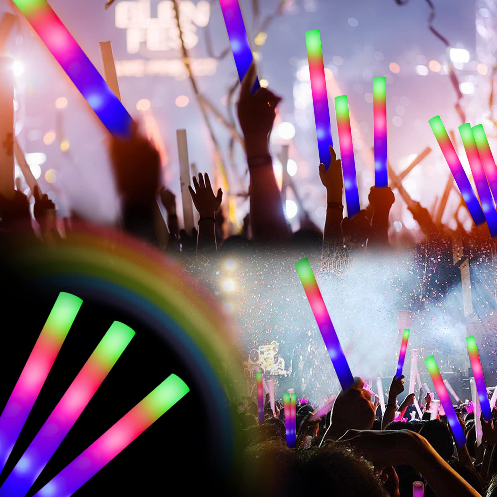 110 Pcs Foam Glow Sticks - 3 Modes Colorful Flashing Light Up Batons for Party, Wedding, Birthday, Concert | Halloween & Christmas Party Supplies | Glow in The Dark Favors for Night Events, Raves & Festivals