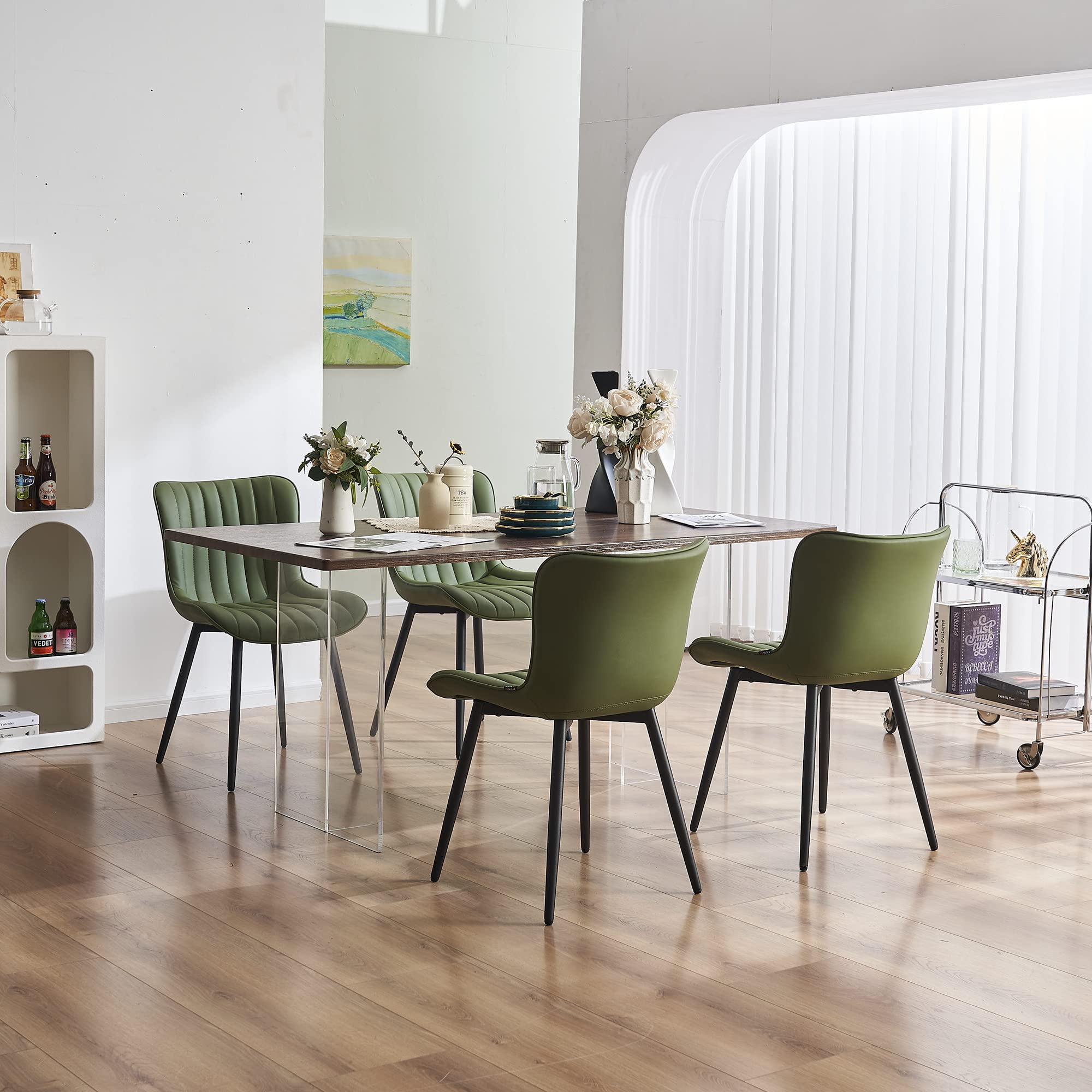 YOUNUOKE Set of 2 Mid-Century Modern Dining Chairs - Faux Leather Upholstered Armless Side Chairs with Padded Back & Metal Legs for Kitchen, Dining Room, or Breakfast Nook - Olive Green