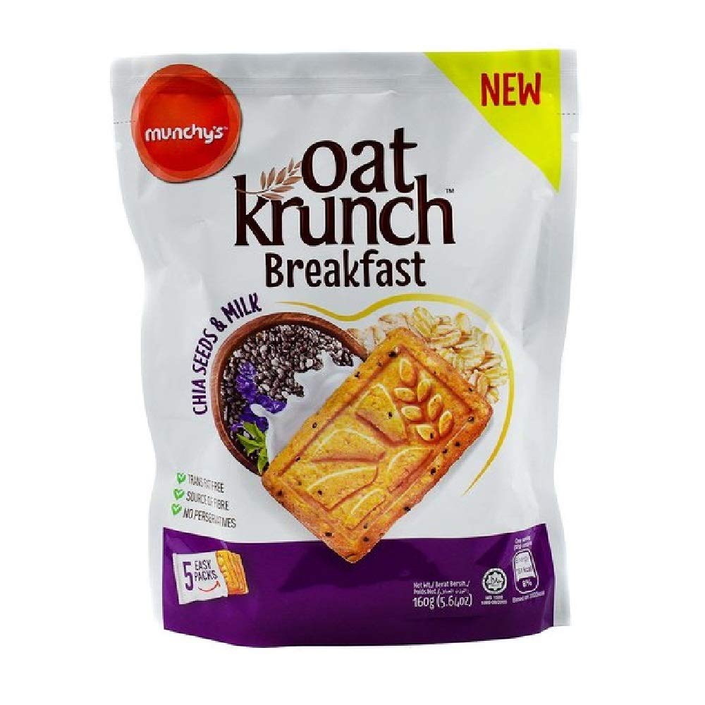 Munchy's Oat Krunch Breakfast Biscuits with Chia Seeds & Milk - 3 Pack (160g Each) - Healthy Morning Snack for Kids & Adults - Perfect for On-the-Go, Office & School Lunch