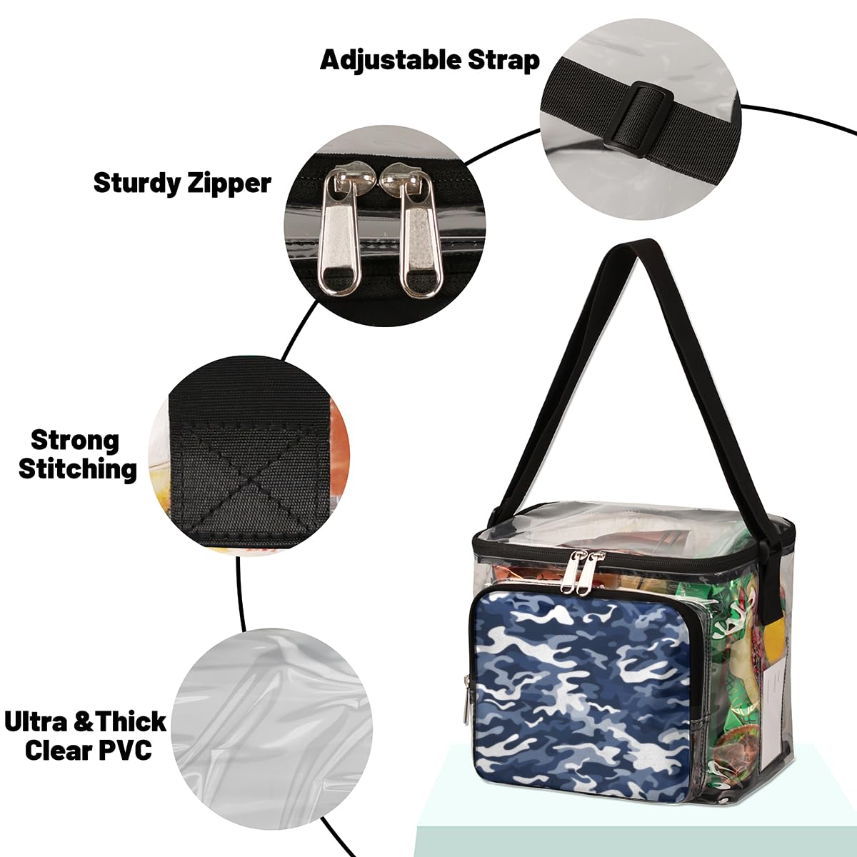 GzLeyigou Fashion Blue & White Camouflage Pattern Clear Tote Bag with Handles - Transparent Crossbody Shoulder Bag for Lunch, Outdoor, Travel, Picnic, Concerts & Sports Events - Stadium Approved Multipurpose Carryall for Shopping, Beach & Daily Use