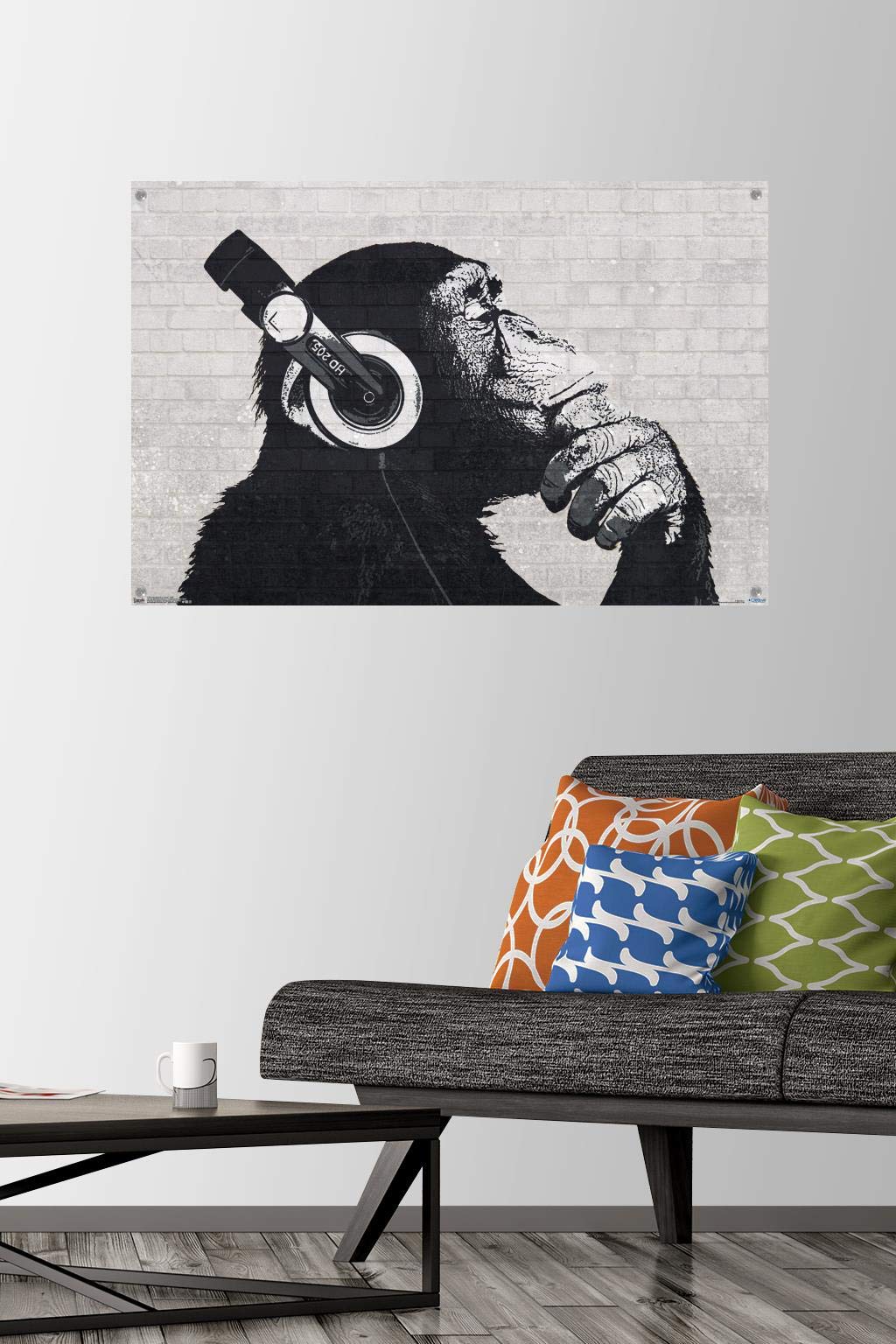 Funny Chimp Wearing Headphones Wall Art Poster - Push Pin Hanging Decor for Bedroom, Office & Dorm Room