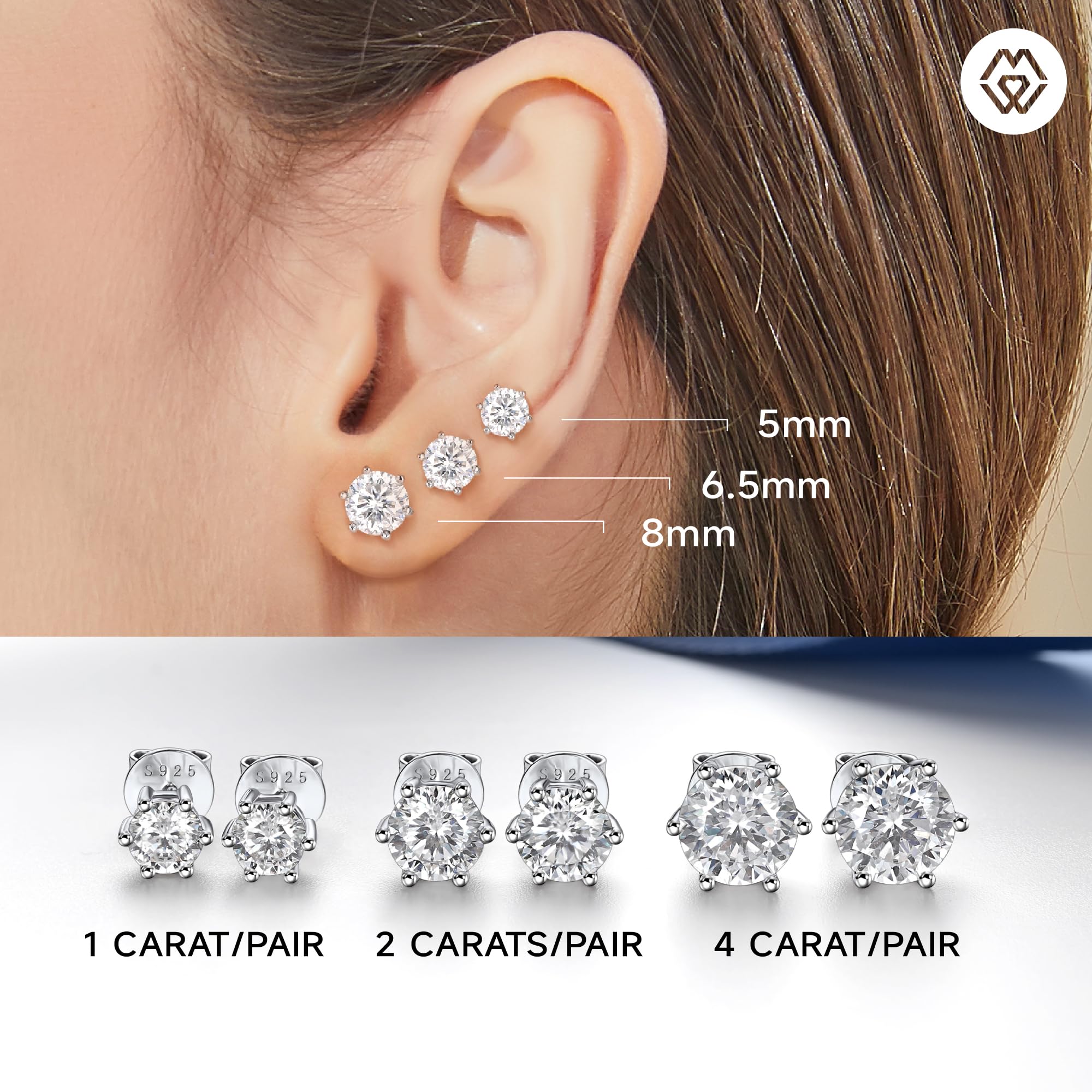 MomentWish Stud Earrings for Women - D Color VVS1 Simulated Diamond 925 Sterling Silver Solitaire Earrings - Perfect Birthday Gift, Valentine's Day Present & Anniversary Jewelry - Elegant Everyday Wear & Special Occasion Accessory