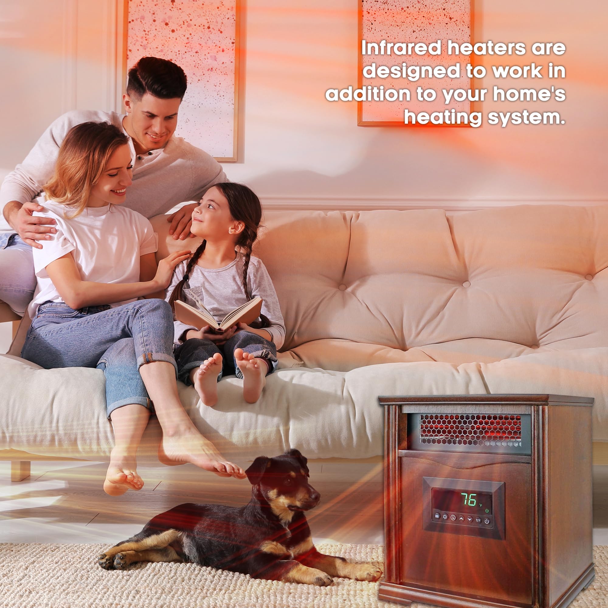 LifeSmart LifePro 1500W Portable Infrared Quartz Space Heater with Remote Control - Fast Heating for Bedroom, Office & Indoor Use - Energy Efficient with 4 Heating Elements - Brown Oak Wood Design
