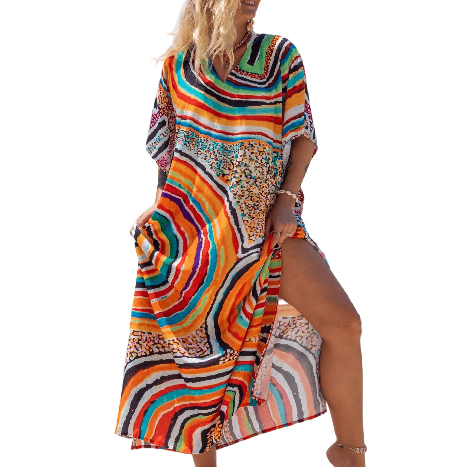 MEILING Women's Turkish Kaftan Nightgown - Long Boho Caftan Dress with Slits | Bikini Cover Up for Beach, Pool & Resort Wear | Lightweight Swimwear Coverup for Summer Vacation
