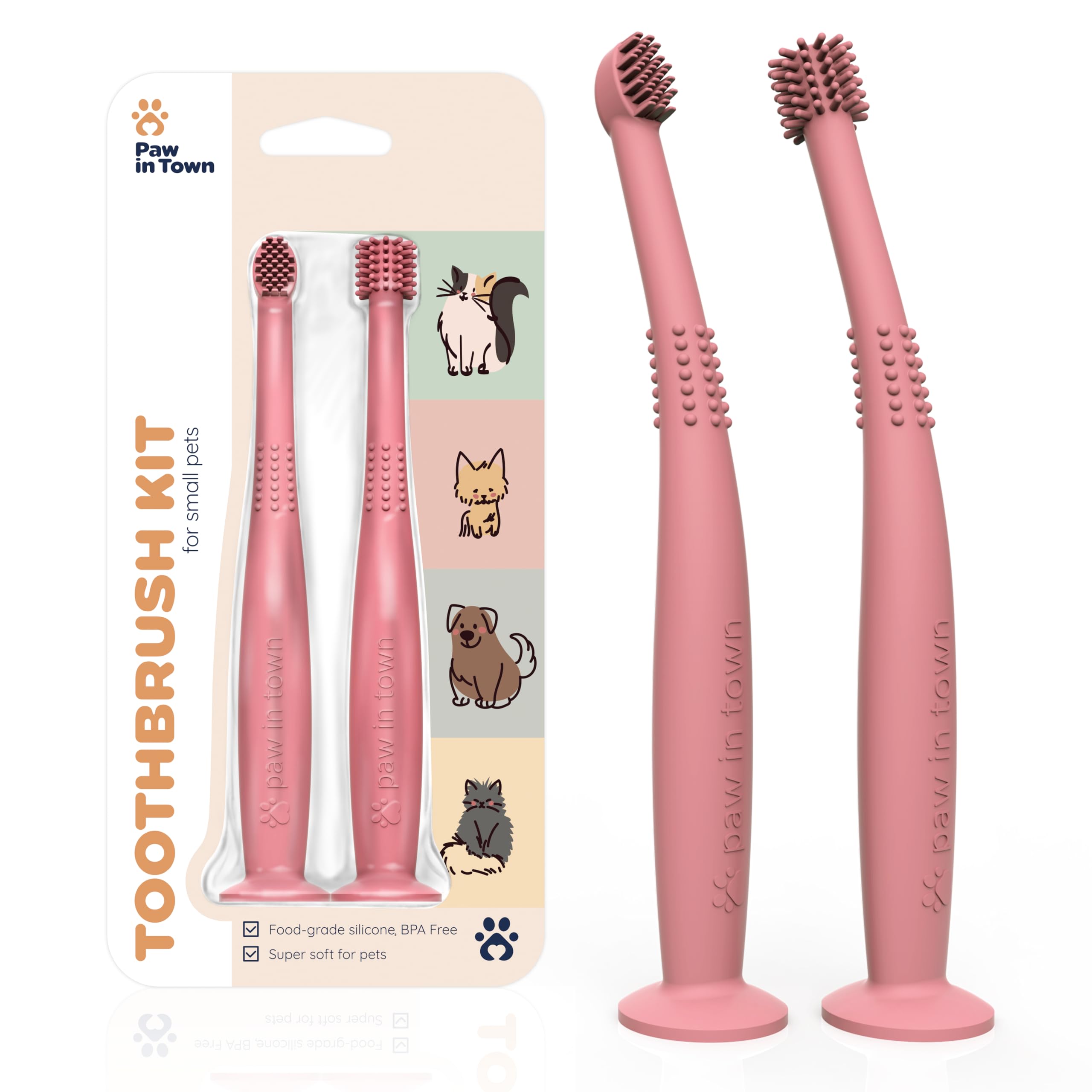 PAWINTOWN Soft Cat & Dog Toothbrush Set – Food Grade Silicone Pet Dental Care Kit for Teeth Cleaning – Gentle Brushing for Cats & Small Dogs – Perfect for Daily Oral Hygiene & Fresh Breath (Blushing Flamingo)