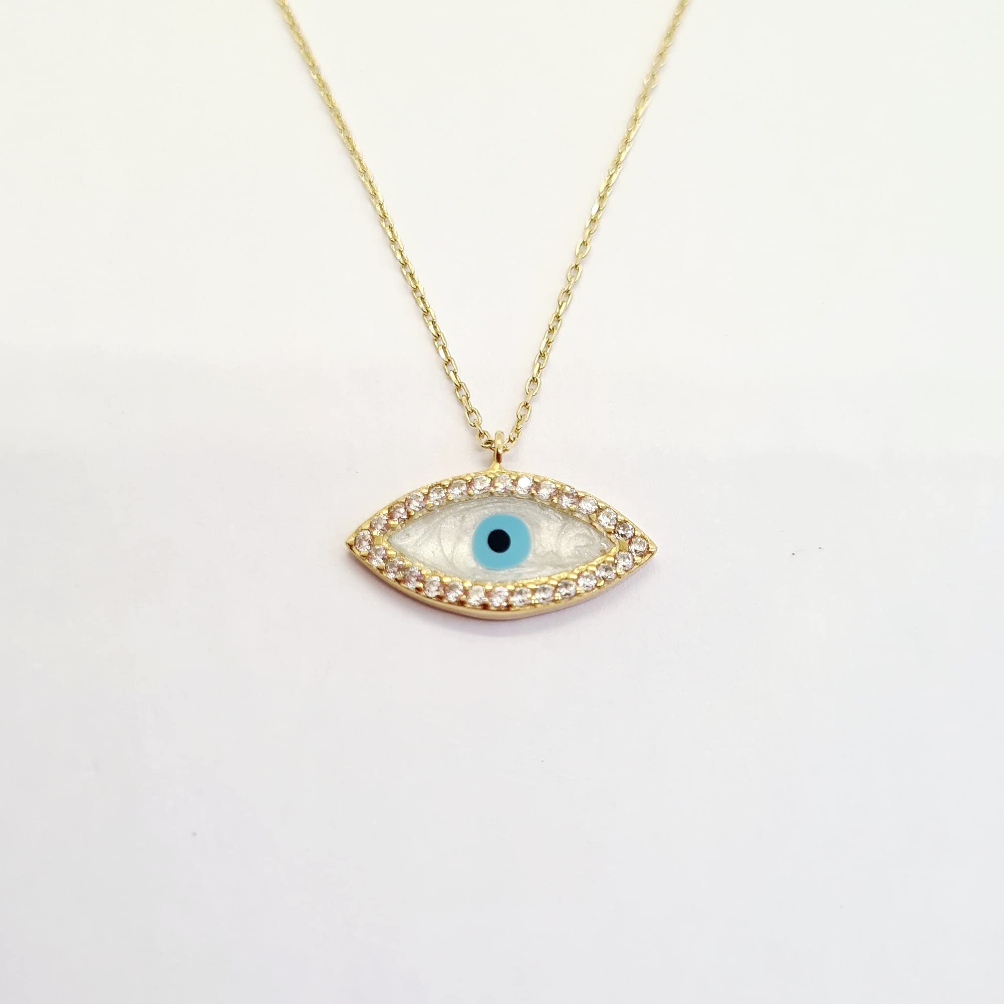 14K Real Solid Gold Mother of Pearl Evil Eye Pendant Necklace for Women - Turkish Nazar Boncuk Protection Jewelry - Elegant Good Luck Gift for Her (Birthday, Christmas, Anniversary) | Perfect for Everyday Wear, Special Occasions & Spiritual Protection