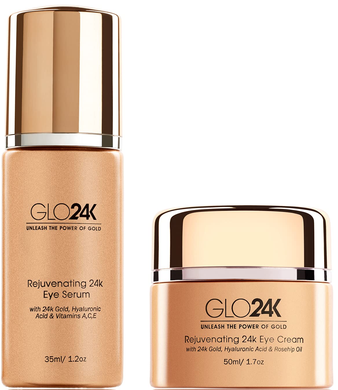 GLO24K Rejuvenating 24K Gold Eye Cream & Serum with Hyaluronic Acid, Vitamins A, C, E - Anti-Aging Treatment for Dark Circles, Wrinkles & Puffiness - Perfect for Night & Day Skincare Routine