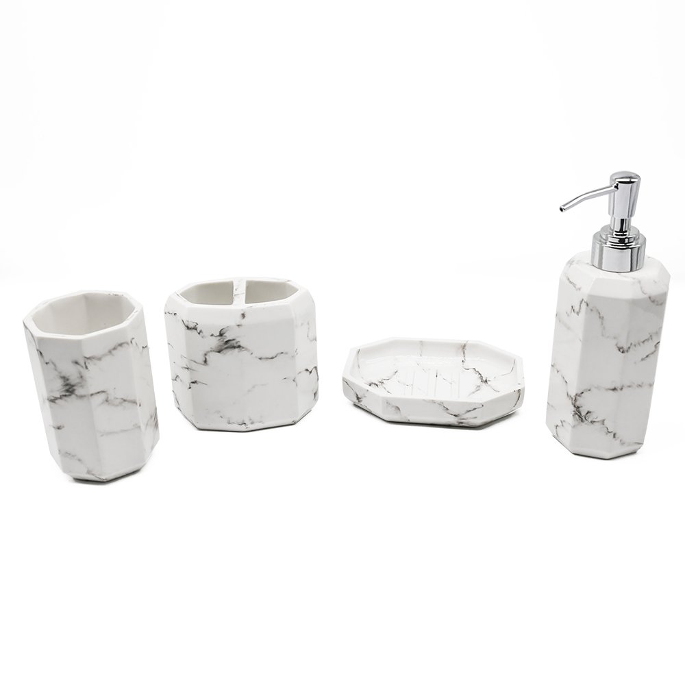 YangShiMoeed® 4-Piece Bathroom Accessories Set - Soap Dispenser, Lotion Dispenser, Toothbrush Holder & Soap Dish in White | Modern Vanity Organizer for Bathroom Countertop, Sink & Shower Decor