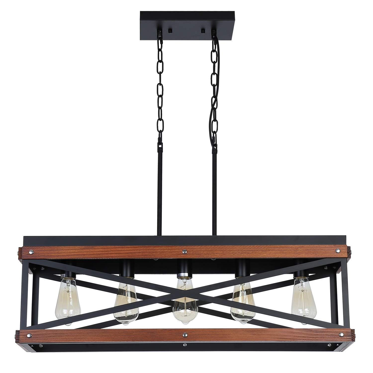 Rustic Farmhouse Kitchen Island Lighting - Wood & Metal Linear Chandelier with 5 Lights - Industrial Pendant Light Fixture for Kitchen, Dining Room, Living Room - Black - Perfect for Farmhouse Decor & Open Concept Spaces