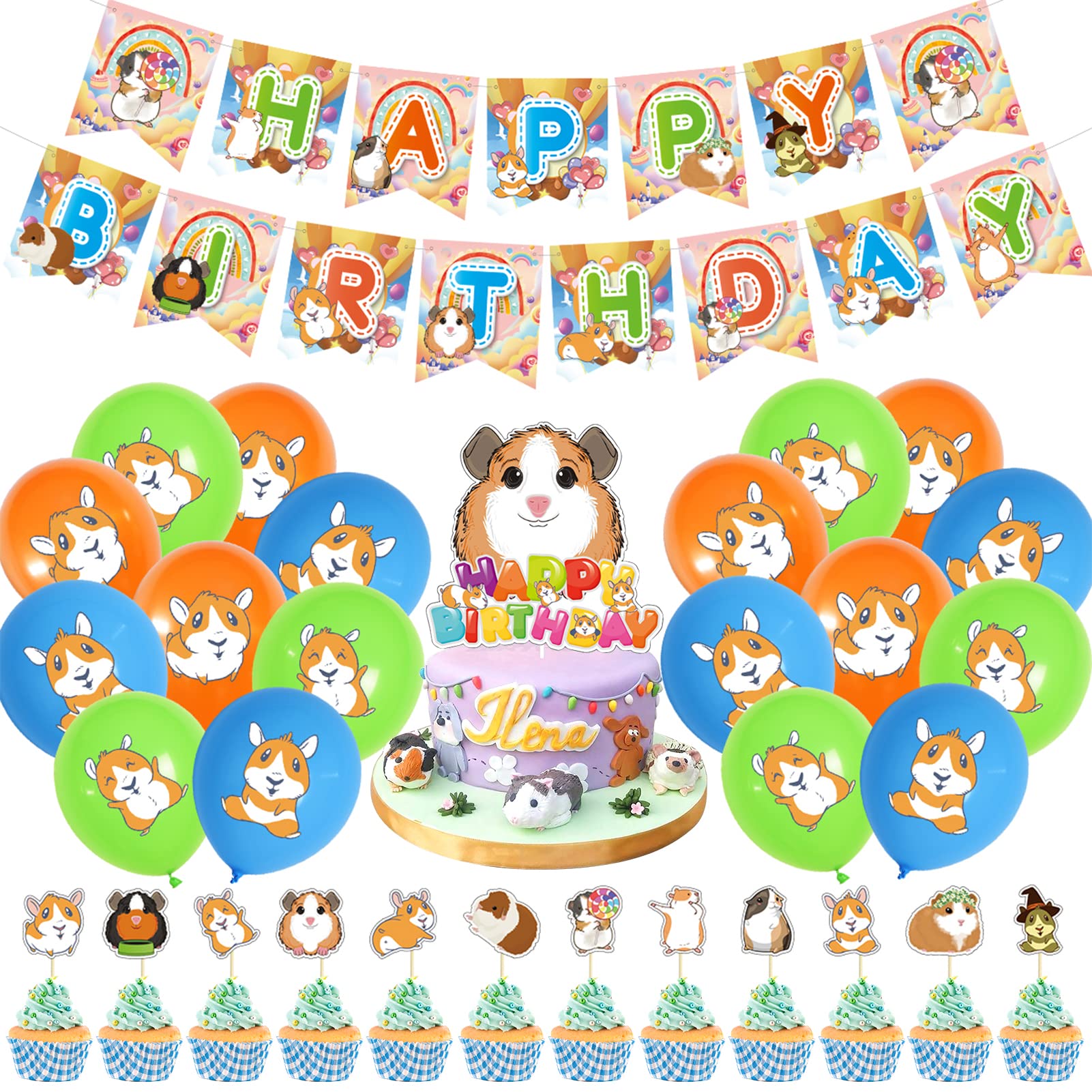Guinea Pig Birthday Party Decorations - Kawaii Hamster & Pui Pui Cartoon Theme Party Supplies for Kids - Includes Happy Birthday Banner, Balloons & Cupcake Toppers - Perfect for Children's Birthday Celebrations & Small Animal Themed Parties
