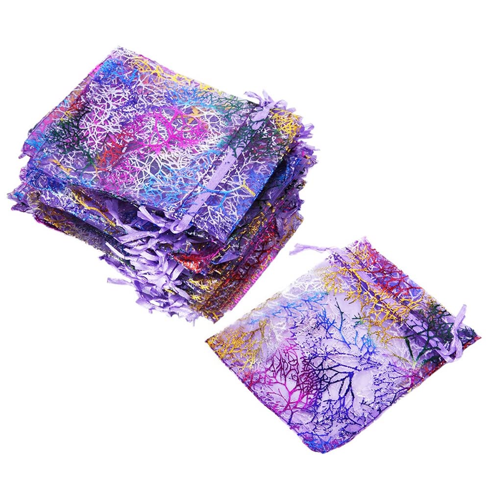 100pcs Purple Organza Gift Bags 3x4 Inches - Jewelry Pouch Drawstring Bags for Christmas Wedding Party Favors, Birthday Gifts & Bridesmaid Accessories - Coralline Organza Favor Bags for Jewelry, Candies & Small Gifts