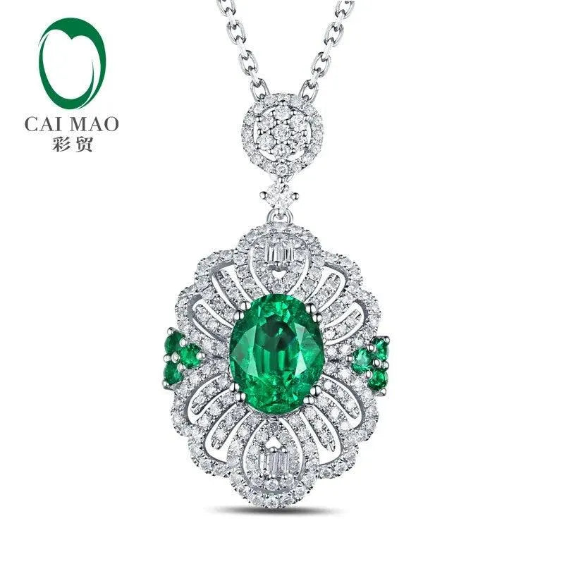 2.12ct Natural Emerald 14K White Gold Round Cut Diamond Pendant Necklace for Women - Elegant Jewelry Gift for Birthday, Anniversary & Special Occasions