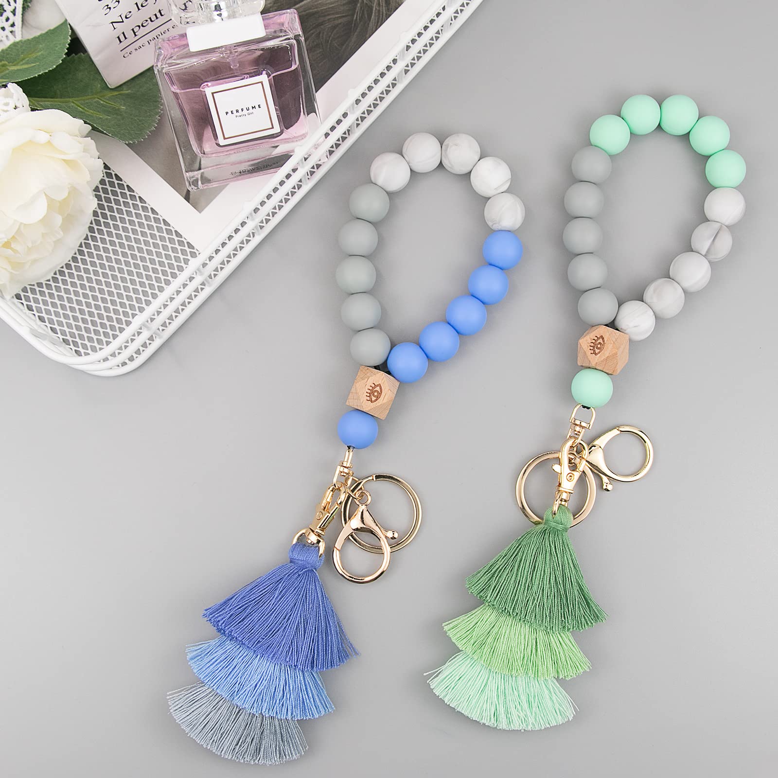 Beaded Keychain with Tassel - Silicone Key Ring Bracelet for Women | Cute Boho Car Key Chain Wristlet | Perfect for Key Organization, Handbag Accessories & Gift Giving