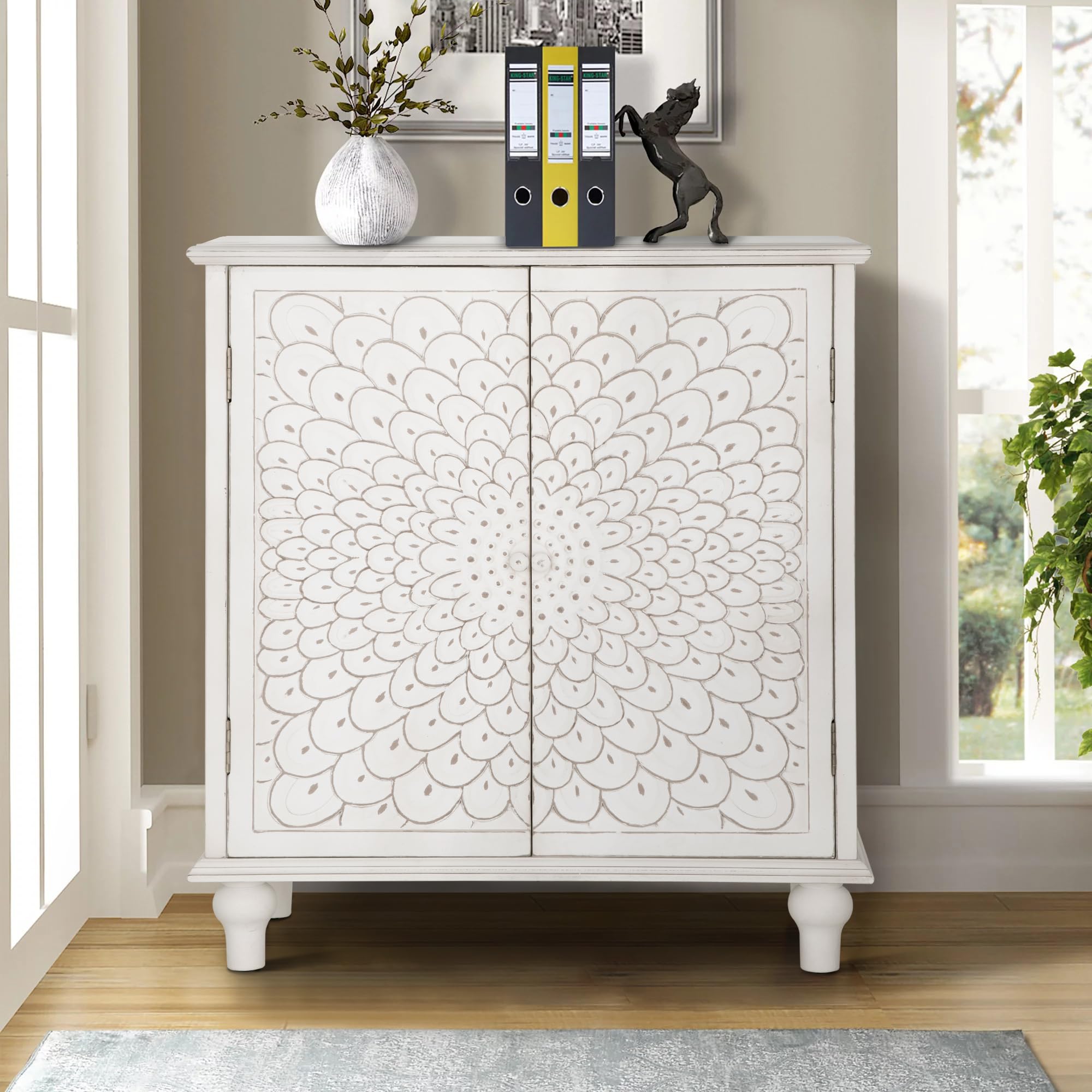 MAISON ARTS White Farmhouse Accent Cabinet - 2 Door Distressed Storage Cabinet with Solid Wood Legs | Entryway Console, Living Room Sideboard, Kitchen Buffet Storage | Feather Pattern Design for Home Decor