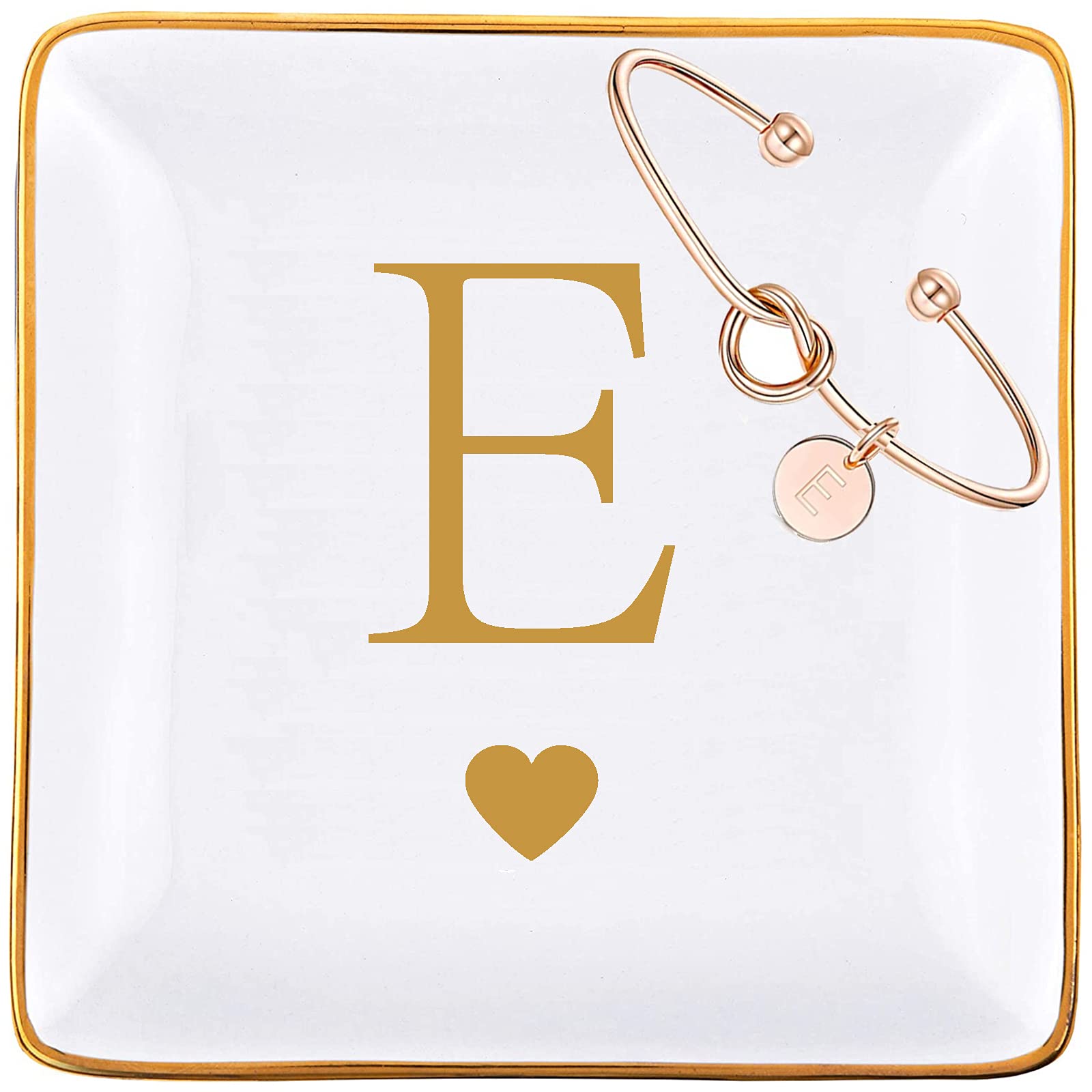 Personalized Ceramic Jewelry Tray with Gold Initial & Rose Gold Knot Bracelet Set - Elegant Ring Dish, Trinket Bowl & Key Holder for Women - Perfect Gift for Mom, Grandma, Daughter, Sister, Friend (Letter E) - Ideal for Bridesmaid Gifts, Birthday Presents & Home Decor Organization