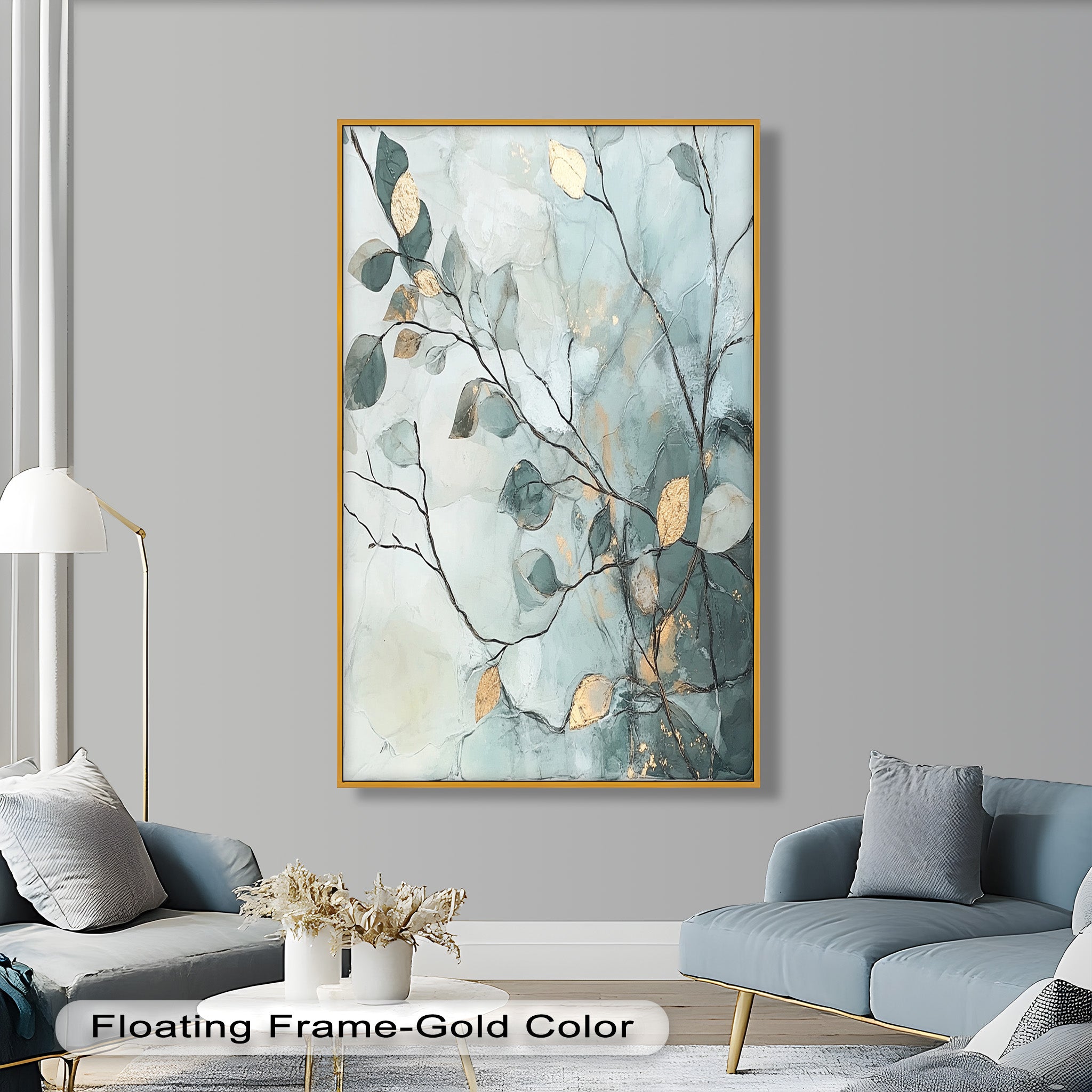 Blue and Metallic Leaf Branch Abstract Oil Painting - Handmade Canvas Wall Art for Living Room, Bedroom & Office Decor