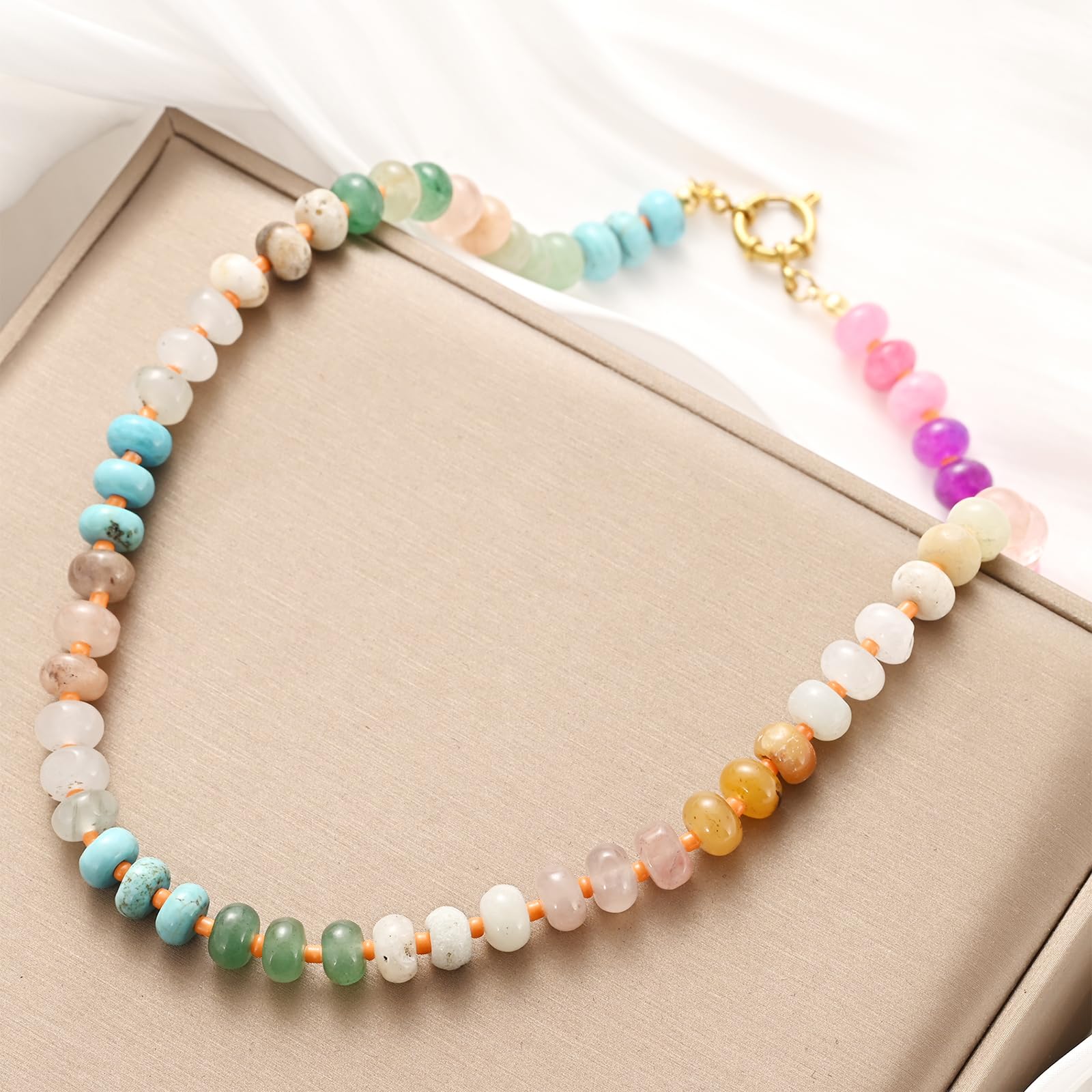 Natural Stone Beaded Necklace for Women - Boho Rainbow Charm Jewelry with Colorful Beads, Surfer Choker Necklace | Perfect Gift for Beach Lovers, Festival Goers & Boho Fashion Enthusiasts