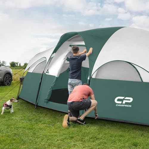 CAMPROS CP Tent 8-Person Family Camping Tent - Waterproof & Windproof Double Layer Tent with 5 Large Mesh Windows, Room Divider Curtain - Portable Outdoor Tent with Carry Bag for Camping, Hiking, Backpacking & Family Outdoor Adventures