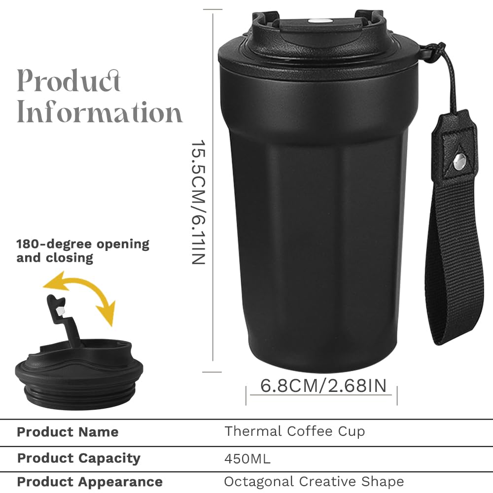 **Spill-Proof 15 oz Insulated Coffee Travel Mug with Lid - Leak-Proof Reusable Thermos for Hot & Cold Drinks - Perfect for Commuting, Office, Hiking & Travel - Black**