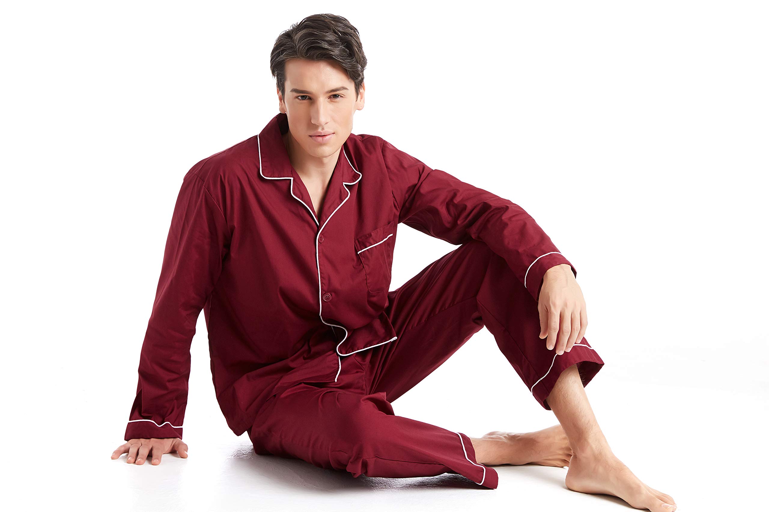 Comfortable Men's Cotton Pajama Set - Long Sleeve Button Down Sleepwear for Relaxing at Home & Lounging | Soft Woven Fabric for All Seasons