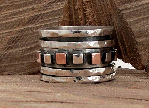 Gold and Silver Square Spinner Rings for Women - Chunky Designer Hammered Wide Band Ring - Perfect Anniversary Gift for Her - Ideal for Everyday Wear, Special Occasions, and Stress Relief