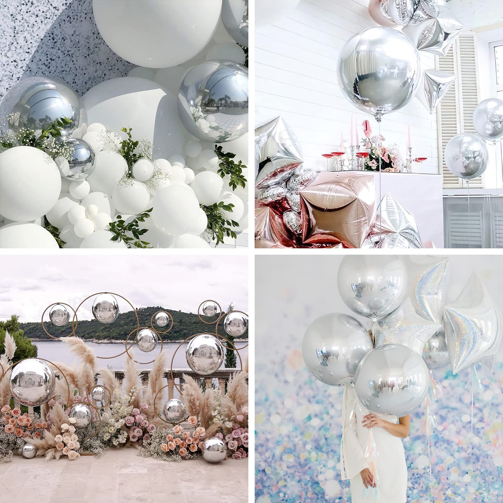 PartyWoo 6-Pack 22 Inch Silver Foil Balloons - Giant 4D Metallic Mylar Balloons with Ribbon for Birthday Party Decorations, Baby Shower, Anniversary & Special Events | Elegant Silver Balloon Decor for Indoor & Outdoor Celebrations