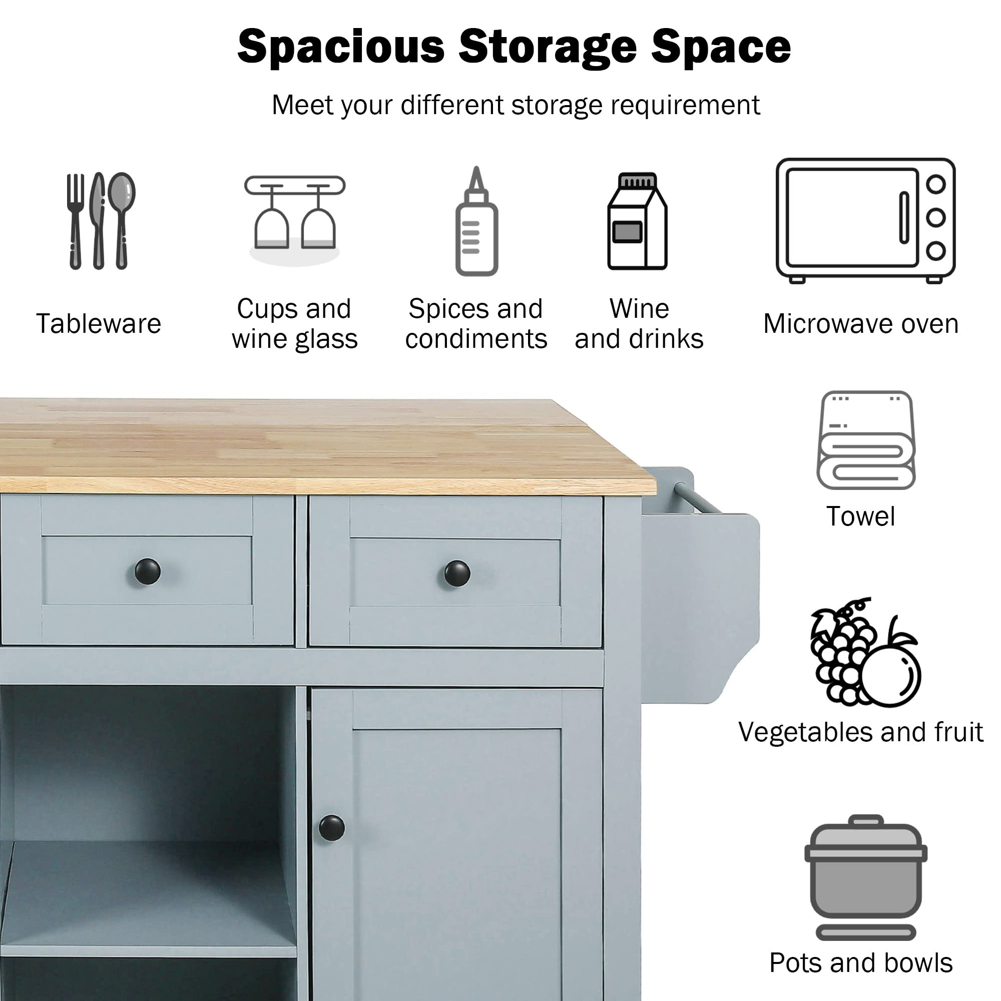 Multi-Functional Kitchen Island Cart with Drop-Leaf Cabinet, 5-Wheel Mobile Base, 3 Storage Drawers & Internal Rack - 53.1