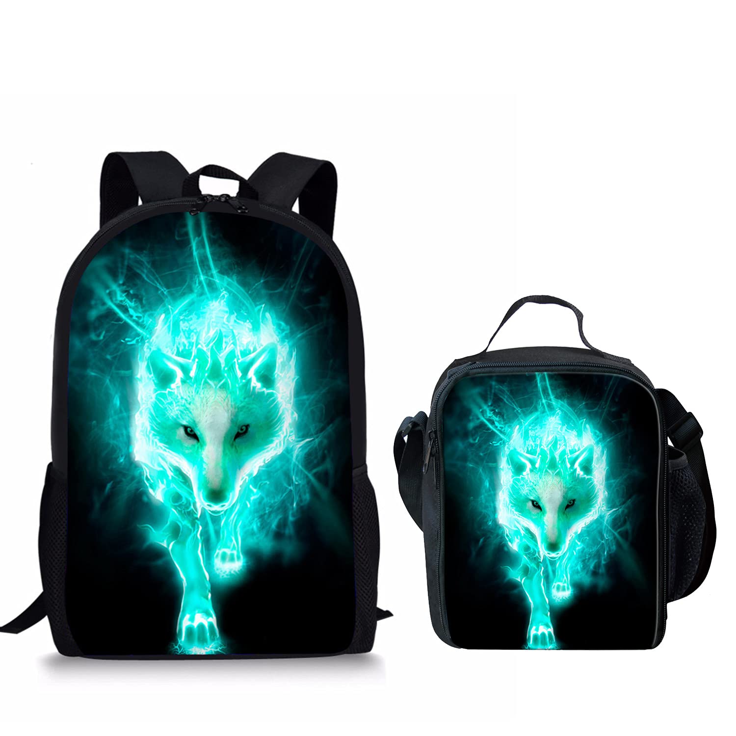 Cool School Backpack Set for Kids - Teal Wolf Print Backpack with Matching Lunch Box | Durable Backpacks for Boys & Girls | Perfect for School, Travel & Outdoor Adventures