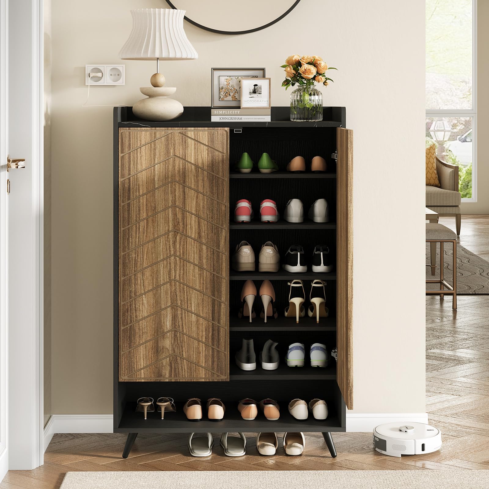 6-Tier Adjustable Shoe Storage Cabinet with Doors - Freestanding Shoe Organizer for Entryway, Hallway & Living Room - Black & Brown Shoe Rack with Bottom Storage Cubby - Perfect for Small Spaces & Clutter-Free Home Organization