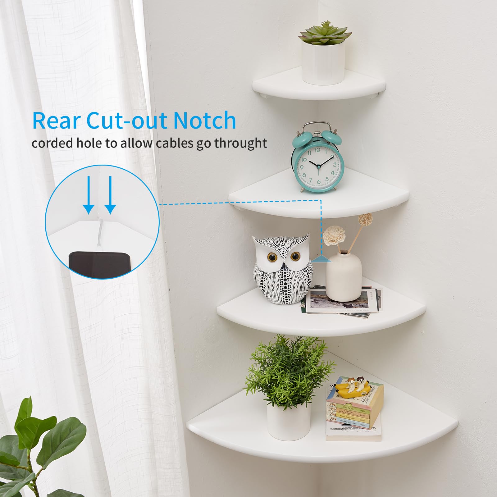 White Floating Corner Shelf Set of 2 - 10 Inch Solid Oak Wood Wall Shelves with Wire Hole - Round End Wall Mount for Small Plants - Perfect for Bedroom, Kitchen & Living Room Decor