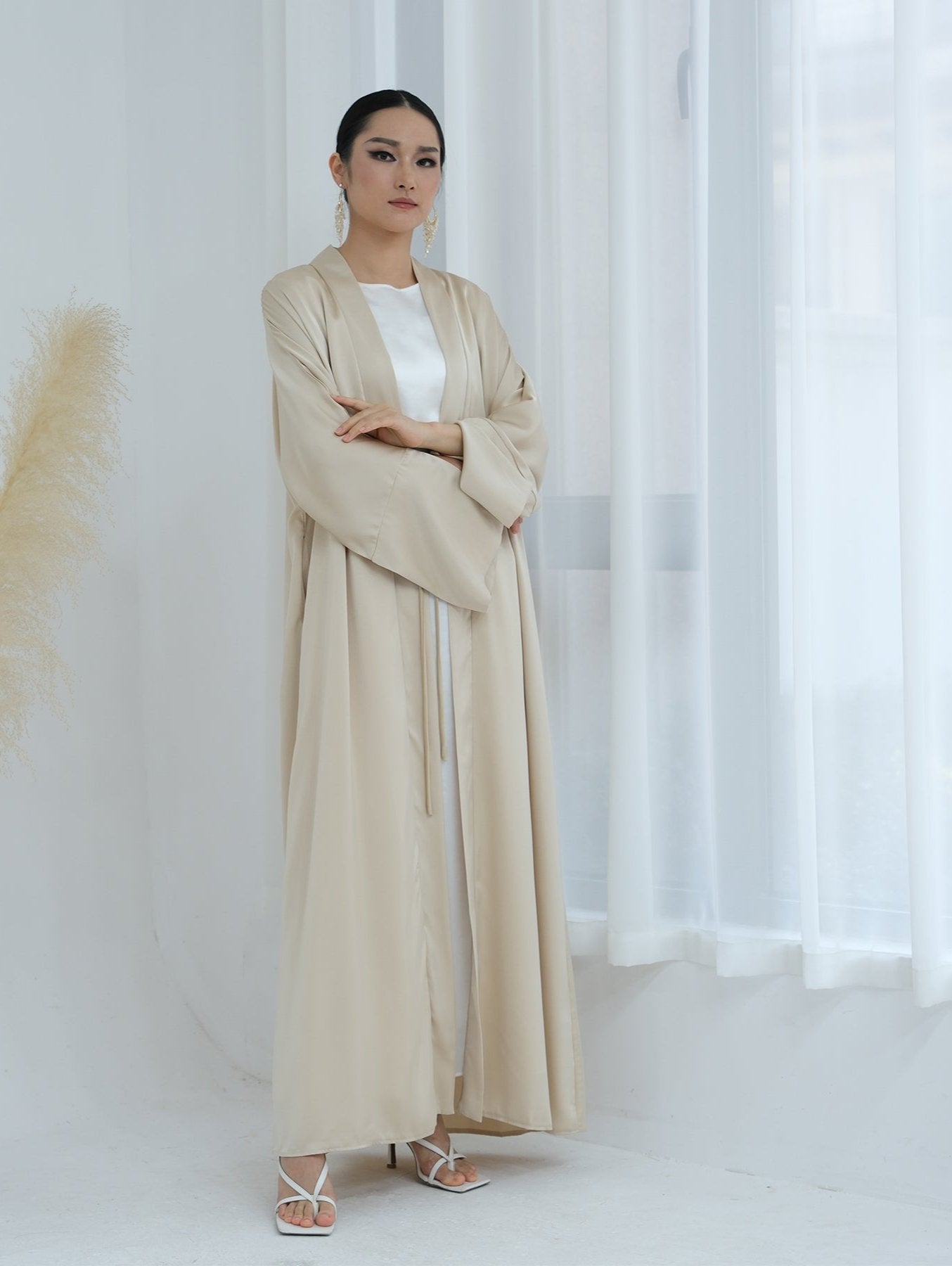 Lavinia Satin Open Abaya Beige - Elegant Muslim Prayer Dress for Women, Perfect for Mosque, Eid & Special Occasions