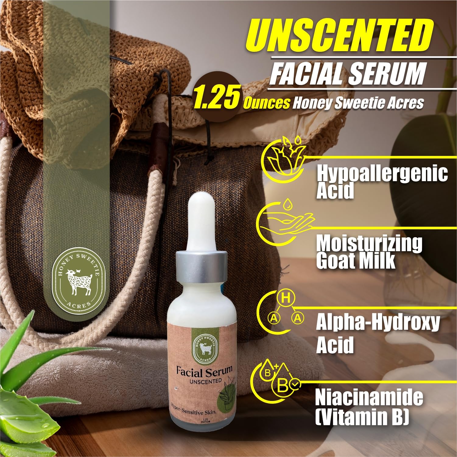 Honey Sweetie Acres Vitamin B Facial Serum with Aloe, Niacinamide, Raw Goat Milk & Hyaluronic Acid – 1.25 oz | Hydrating & Brightening Face Serum for Dry, Sensitive Skin | Day & Night Skincare Routine