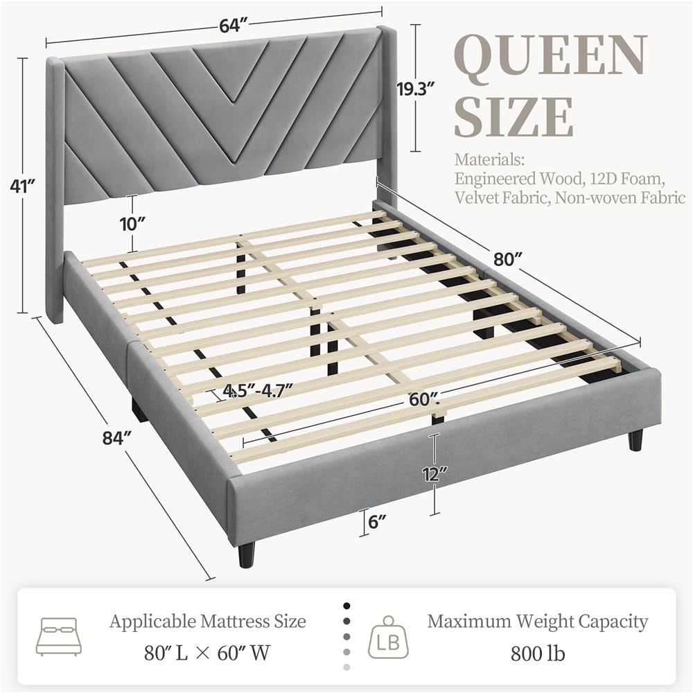 Yaheetech Upholstered Queen Size Platform Bed Frame with Wing Side Design, Wooden Slat Support & Tufted Headboard - No Box Spring Needed, Light Gray - Perfect for Modern Bedrooms, Guest Rooms & Small Spaces