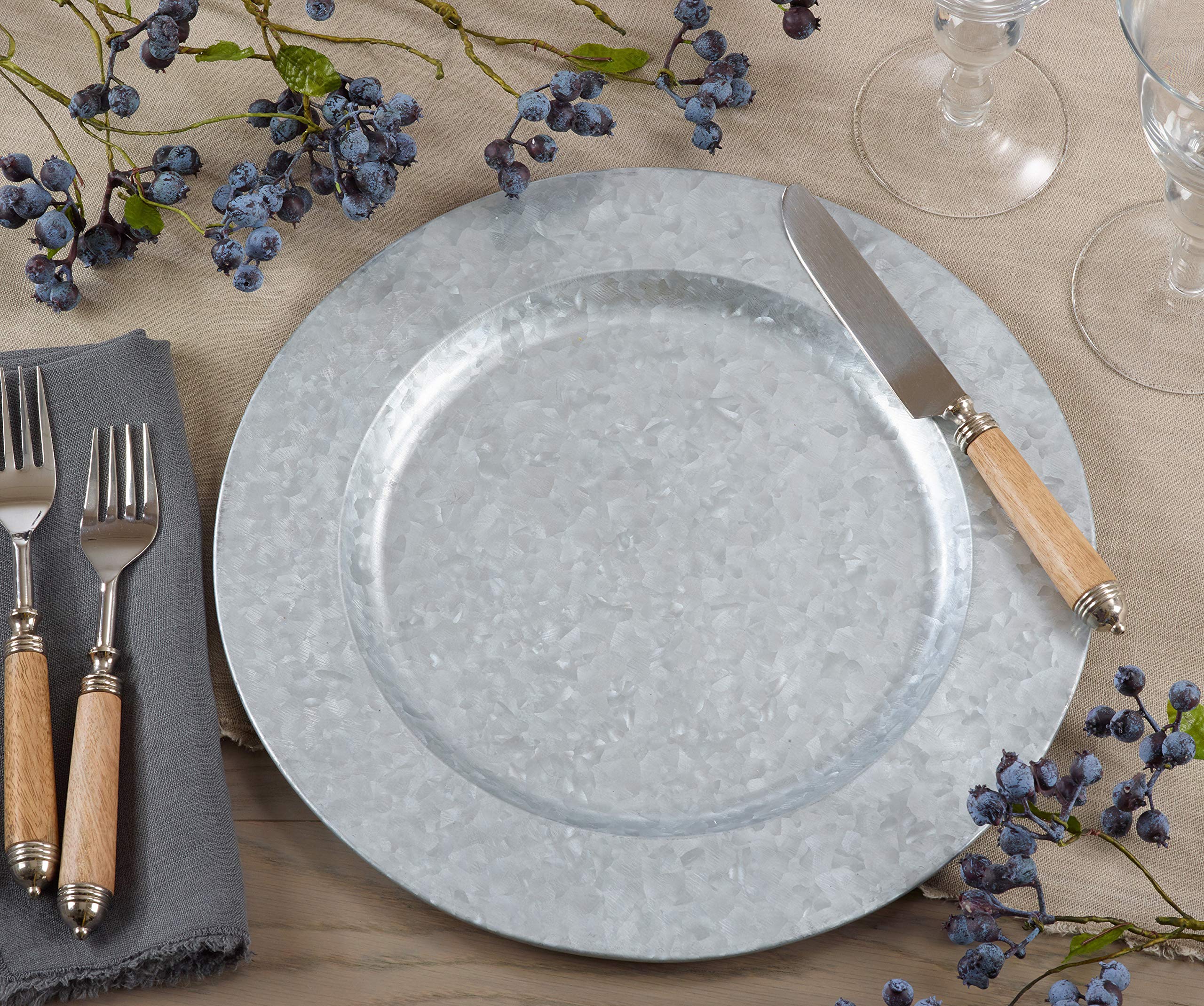 Premium SARO LIFESTYLE Polished Galvanized Charger Plates - Set of 4 - Elegant Dinnerware for Wedding, Party & Holiday Table Decor - Rust-Resistant Metal Serving Trays for Formal Dining & Special Occasions