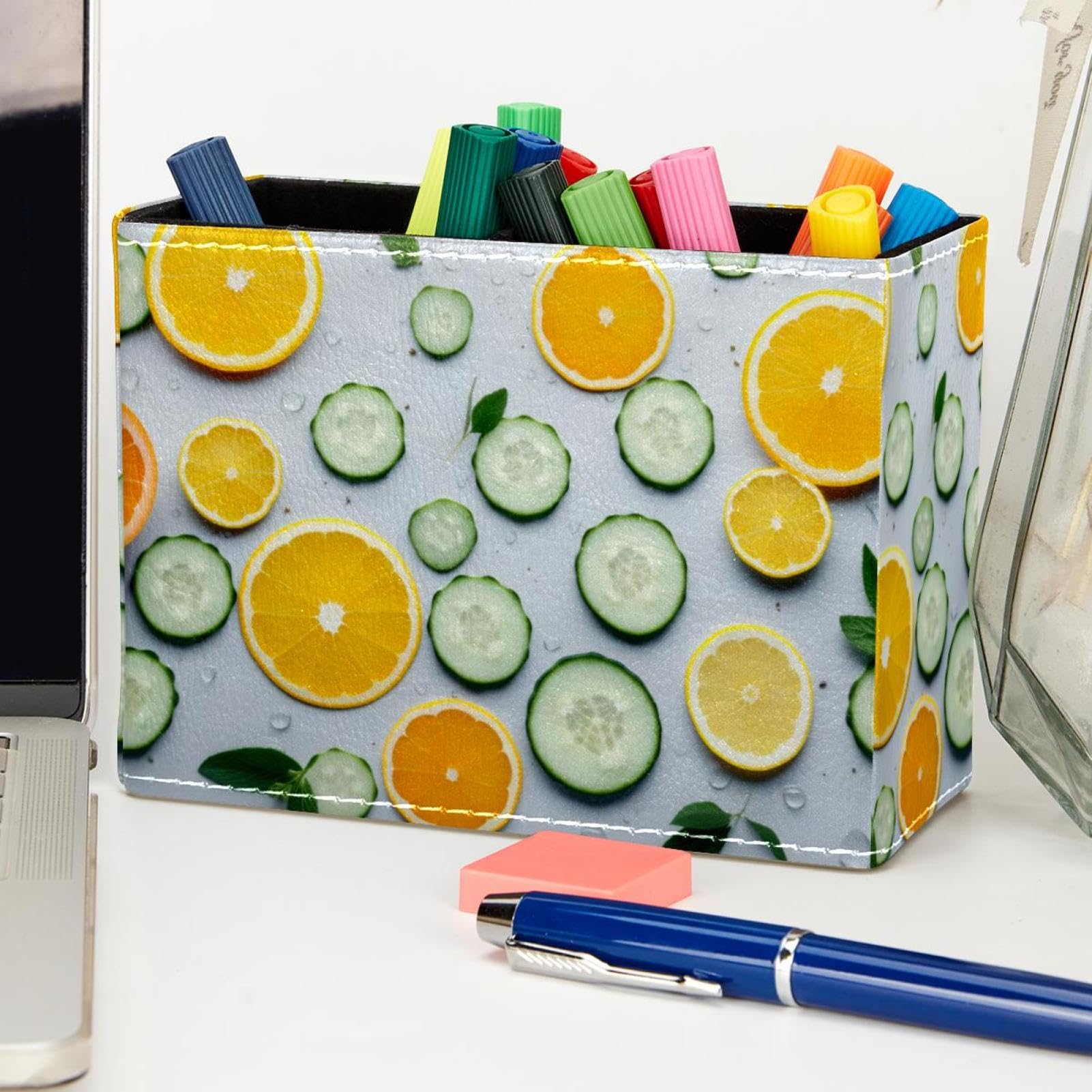 FVQL Orange Cucumber Pattern Pencil Holder & Makeup Brush Organizer - Perfect for Office Desk, Study Table, and Vanity Storage