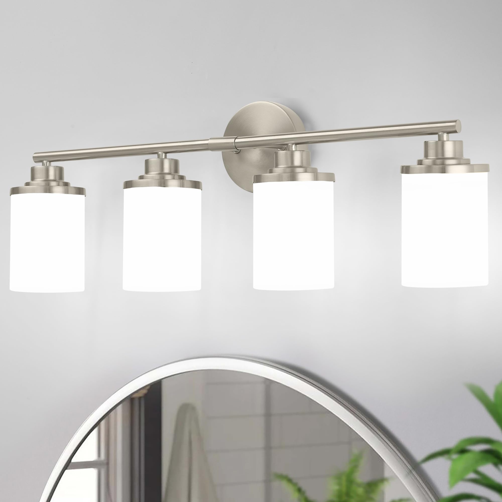 Modern Brushed Nickel Bathroom Vanity Light Fixture - 4-Light Frosted Glass Sconce for Mirror Lighting, Perfect for Bathroom, Powder Room & Dressing Room Makeup Area