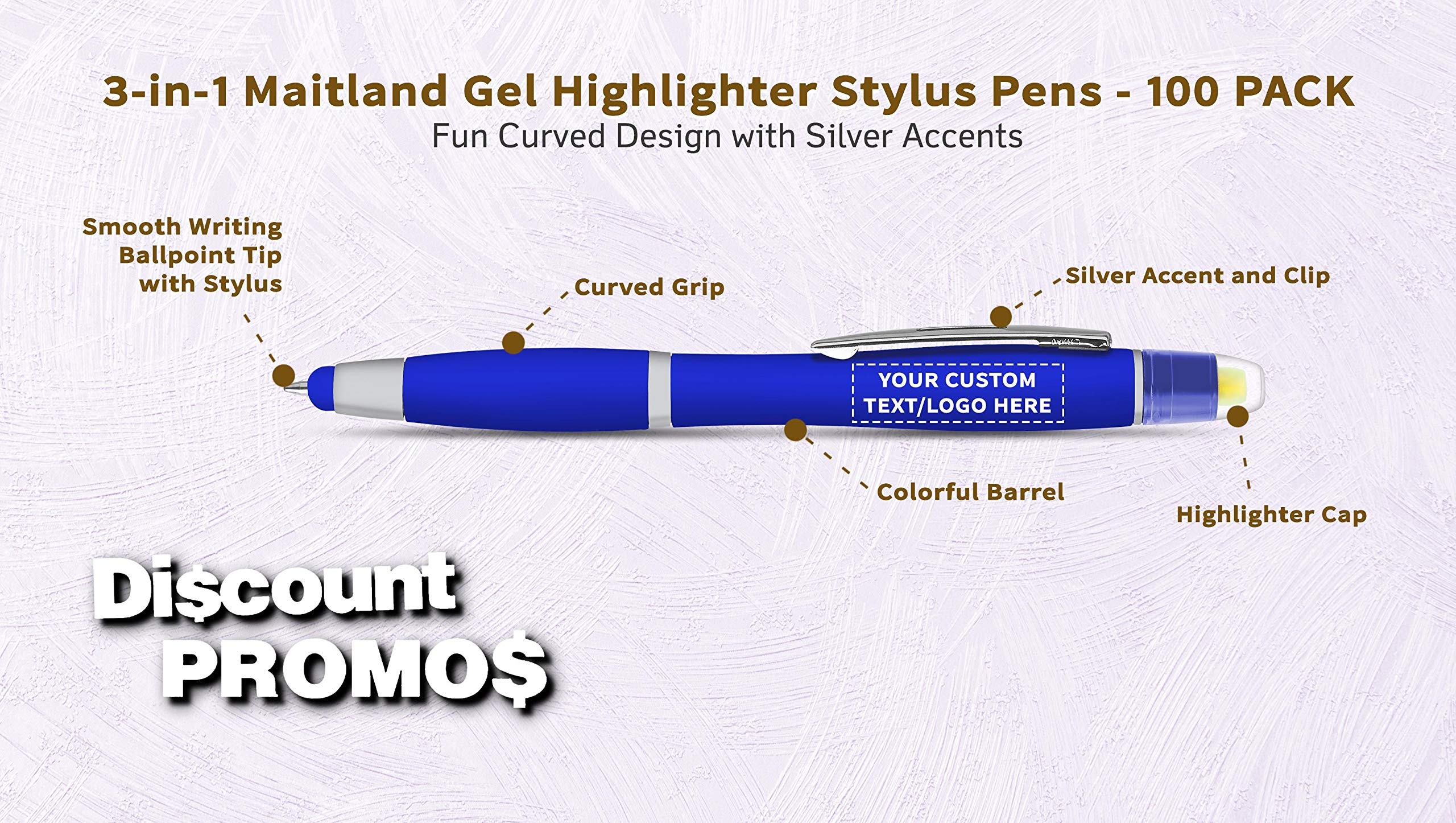 Customizable Blue Maitland Gel Highlighter Stylus Pens - 100 Pack - Smooth Writing Plastic Pens with Personalized Text & Logo - Perfect for Office, School, Note-Taking & Gift Giving