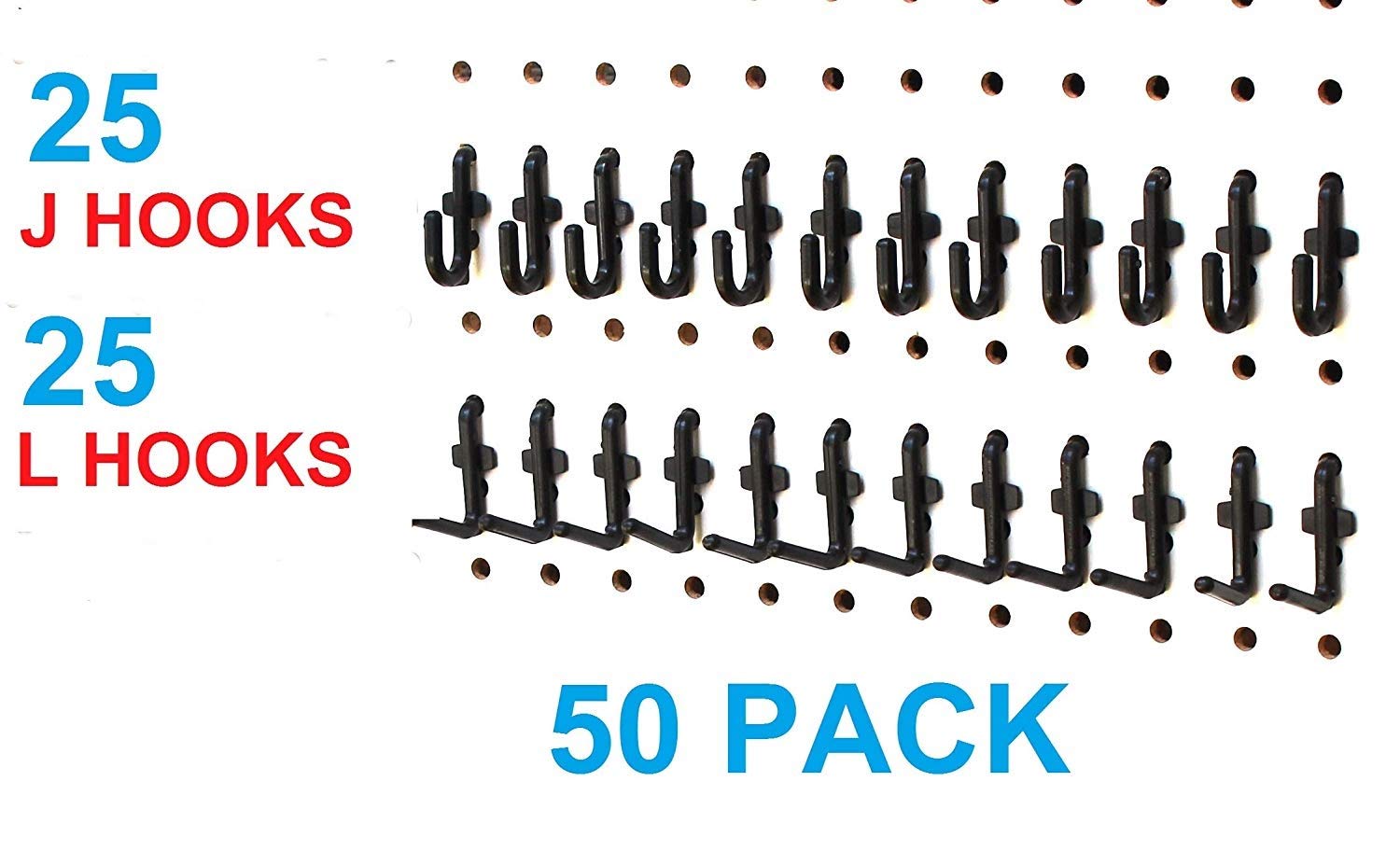 50-Pack Black Pegboard Locking Hooks - 25 J Hooks & 25 L Hooks for Tool Organization, Garage Storage, and Retail Display - Durable Metal Hooks for Wall Panels, Workshops, and Home Organization