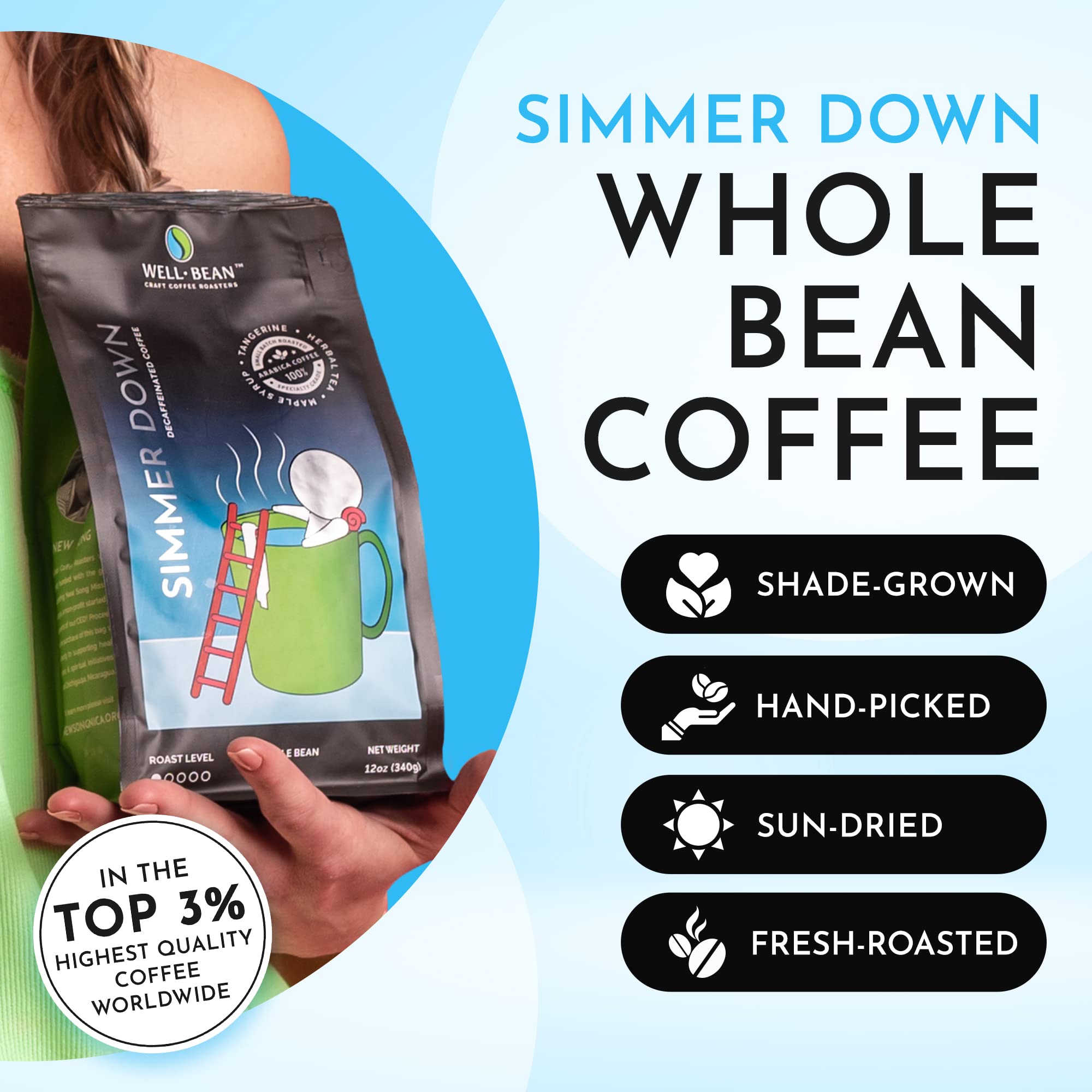 Well-Bean Coffee - Premium Colombian Decaf Whole Bean Coffee, Swiss Water Processed, Light Roast, Vegan Friendly, 12 oz - Perfect for Home Brewing, Office Use & Gifts